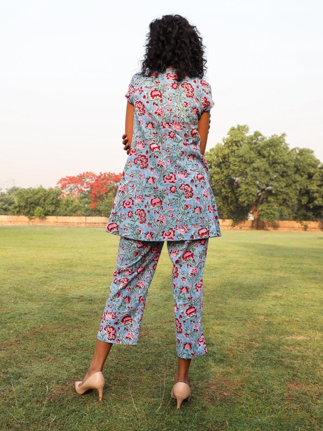 Baby Blue Cotton Block Print Front Slit Co-Ord Set - trueBrowns