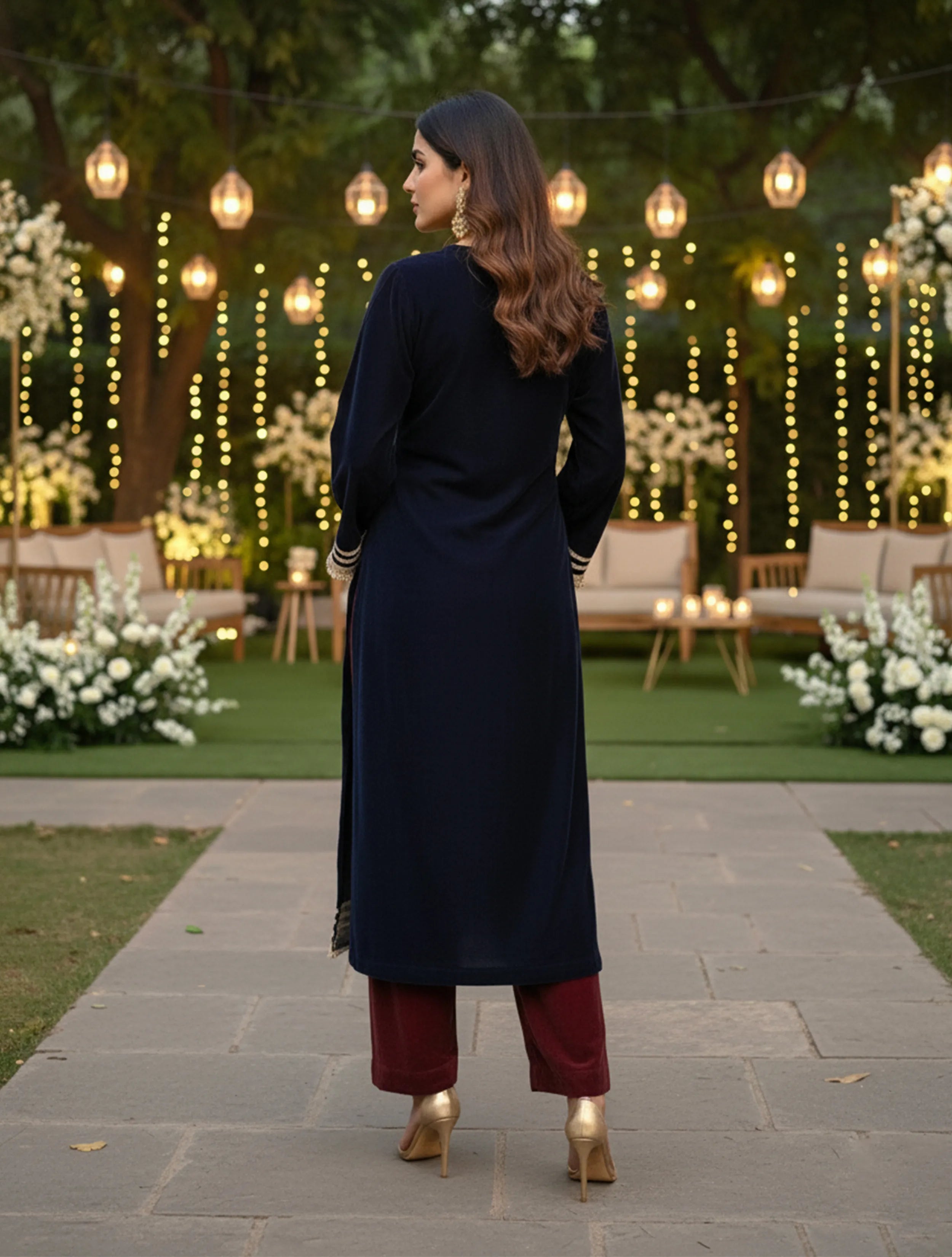 trueBrowns Navy High Slit Velvet Kurta