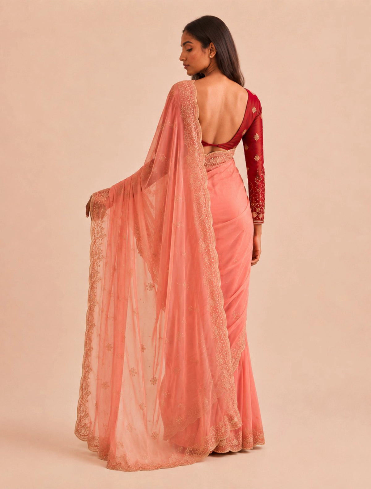 trueBrowns Peach Boota Embroidered Georgette Saree With Unstitched Blouse