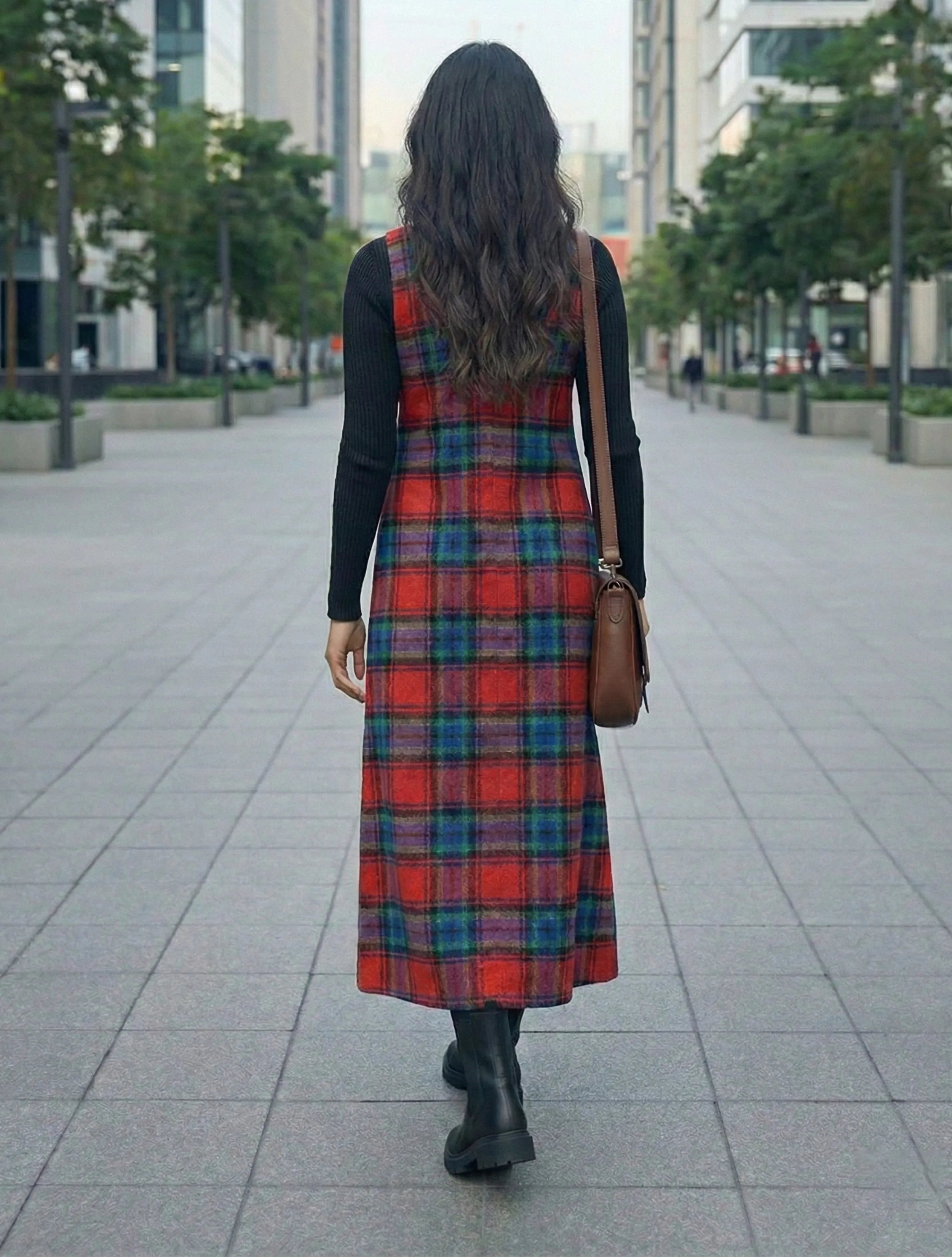 trueBrowns Red Blue Check Sleeveless A-Line Woollen Dress