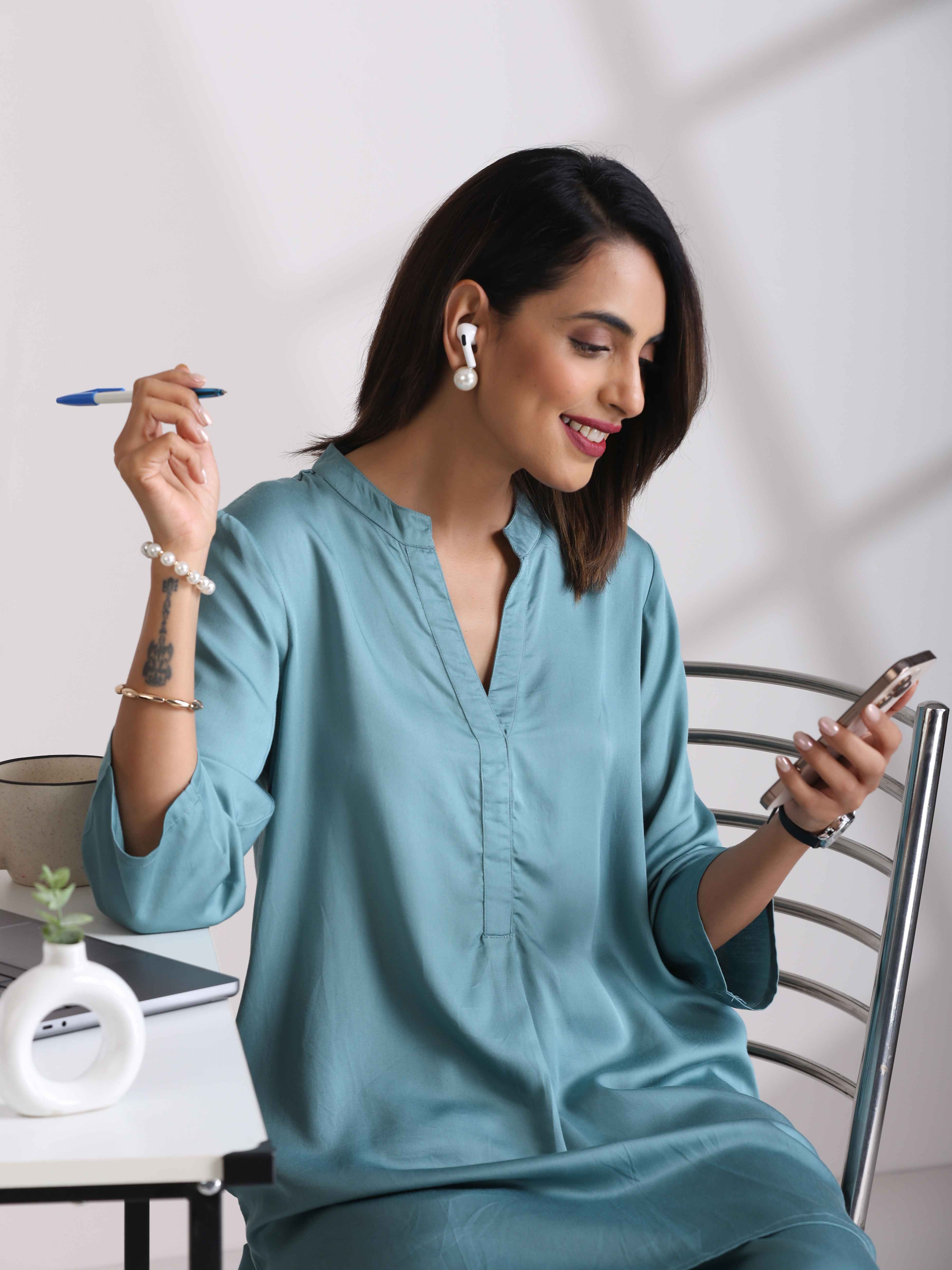 trueBrowns Light Blue Modal Straight Kurta Co-ord Set