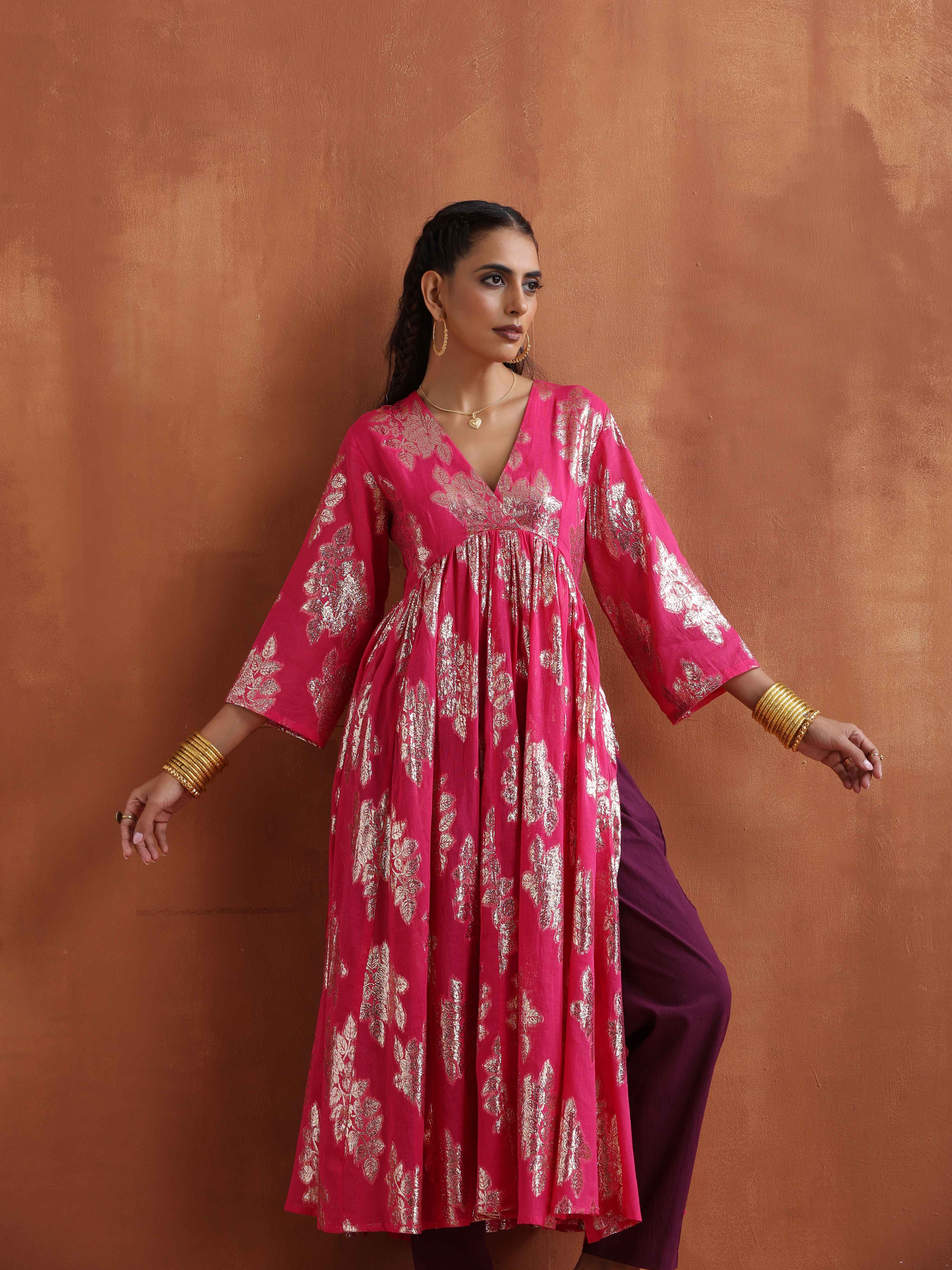 trueBrowns Pink Metallic Flared Anarkali Kurta Set
