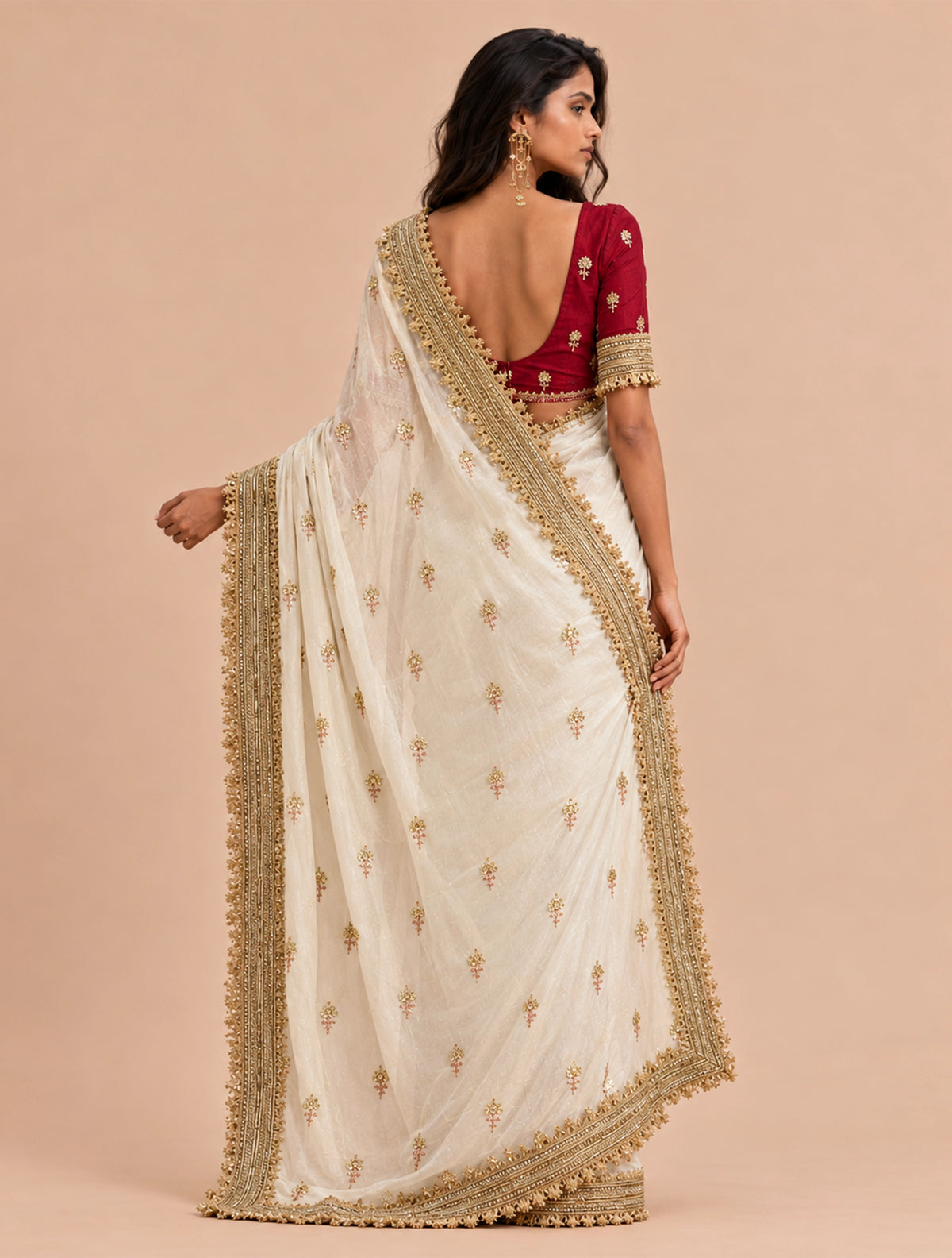 trueBrowns Ivory Embroidered Satin Tissue Saree With Unstitched Blouse