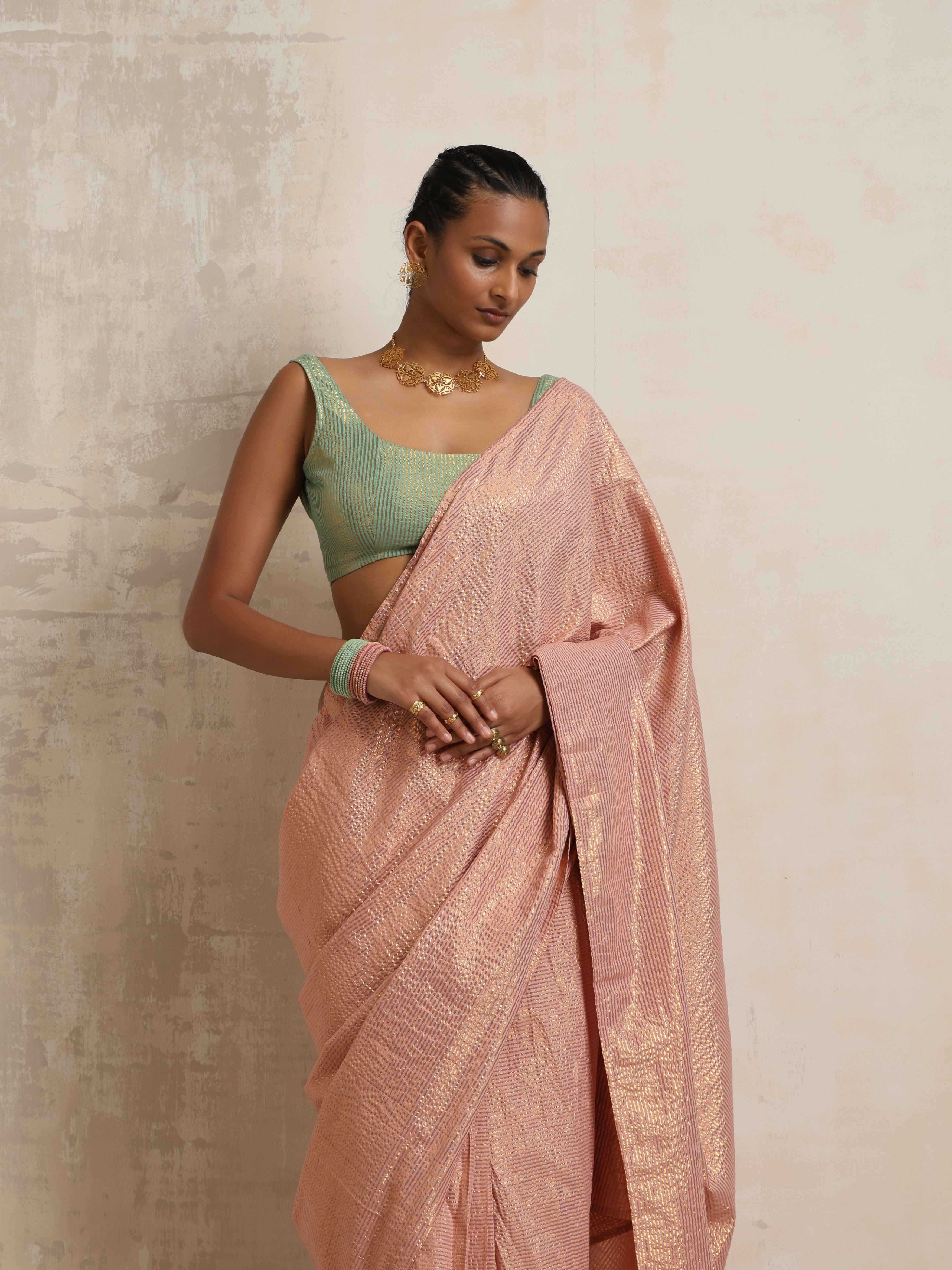 trueBrowns Pink Gold Lurex Saree