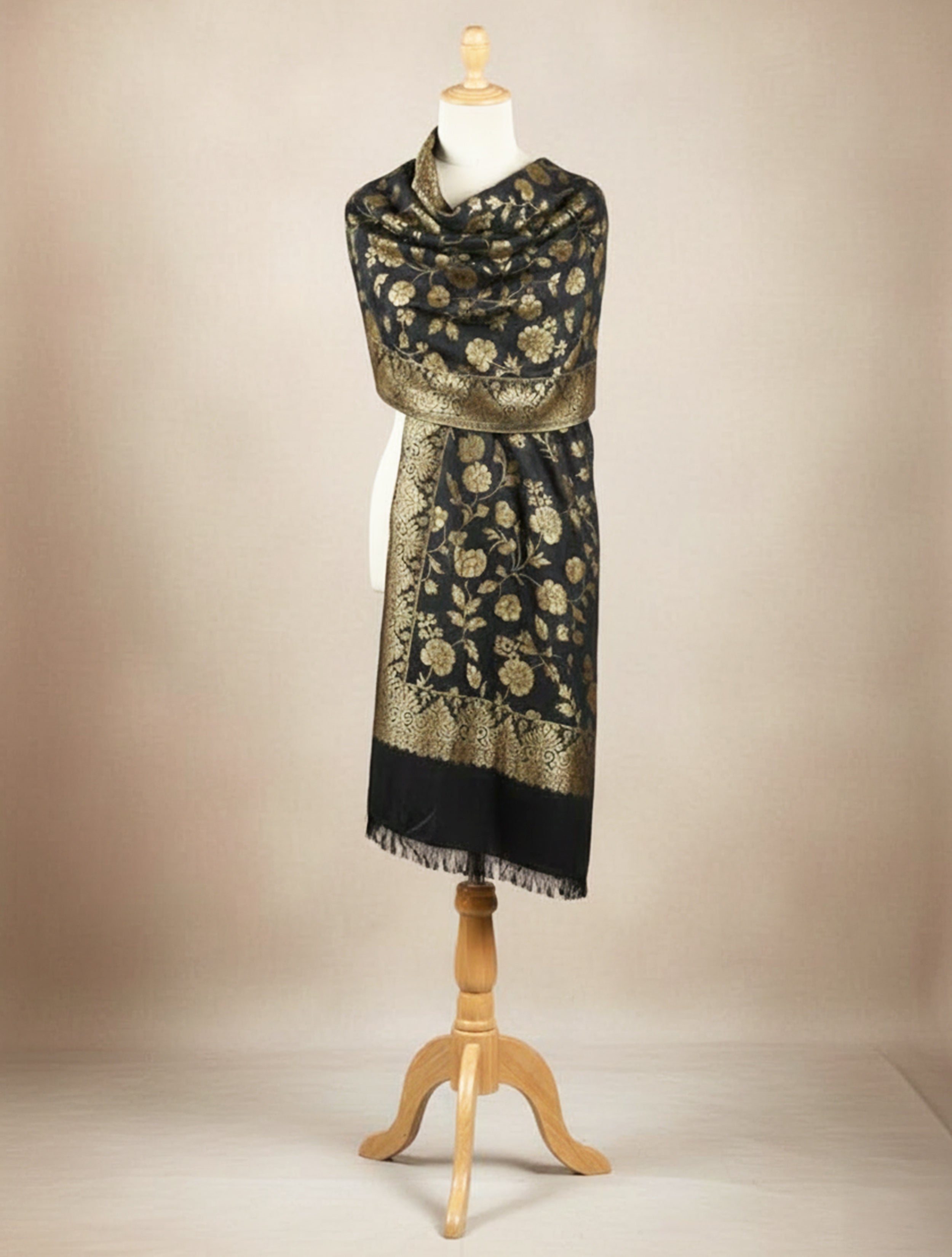 trueBrowns Black Gold Floral Woollen Stole