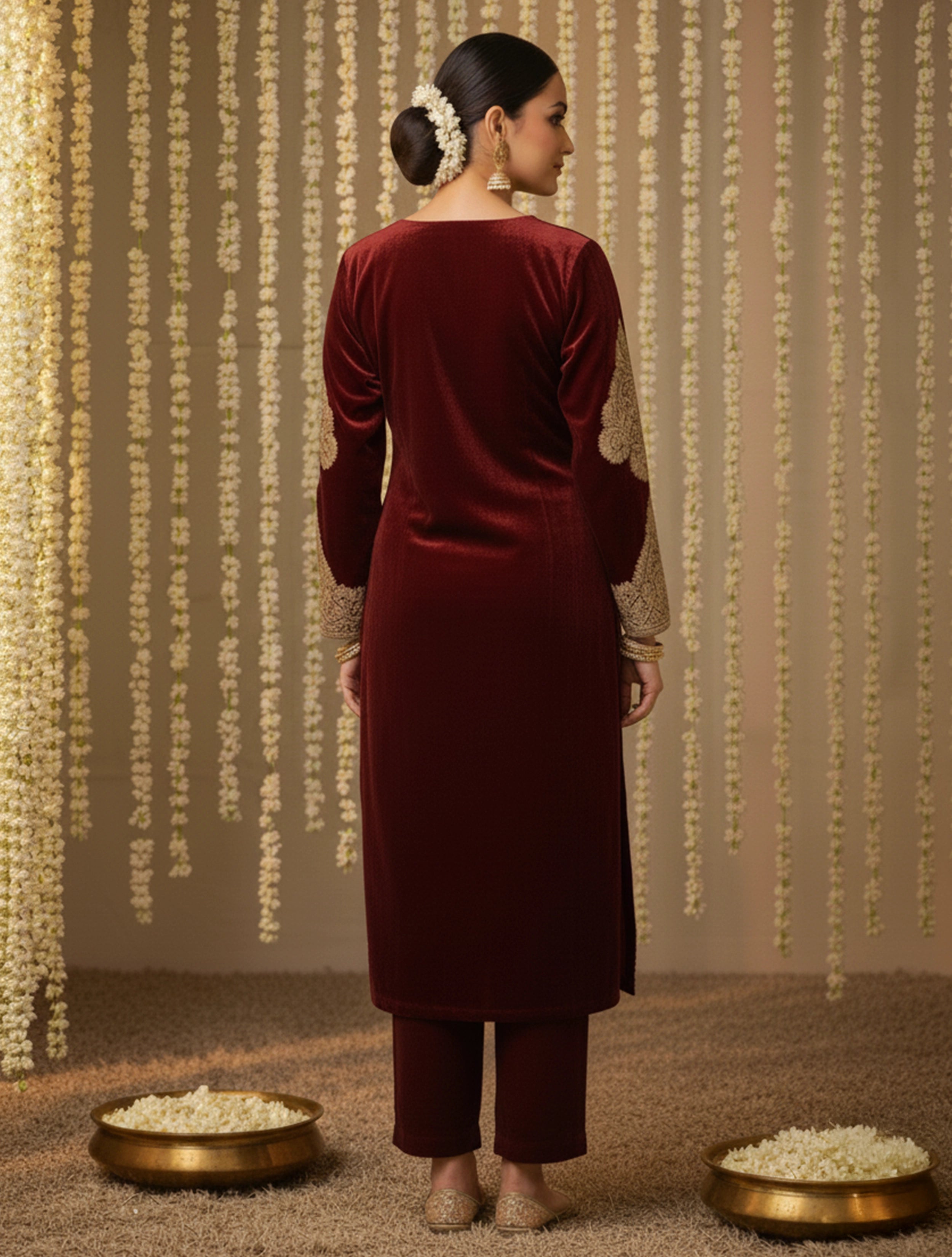 trueBrowns Maroon Velvet Embroidered Chogha Pants Dupatta Set