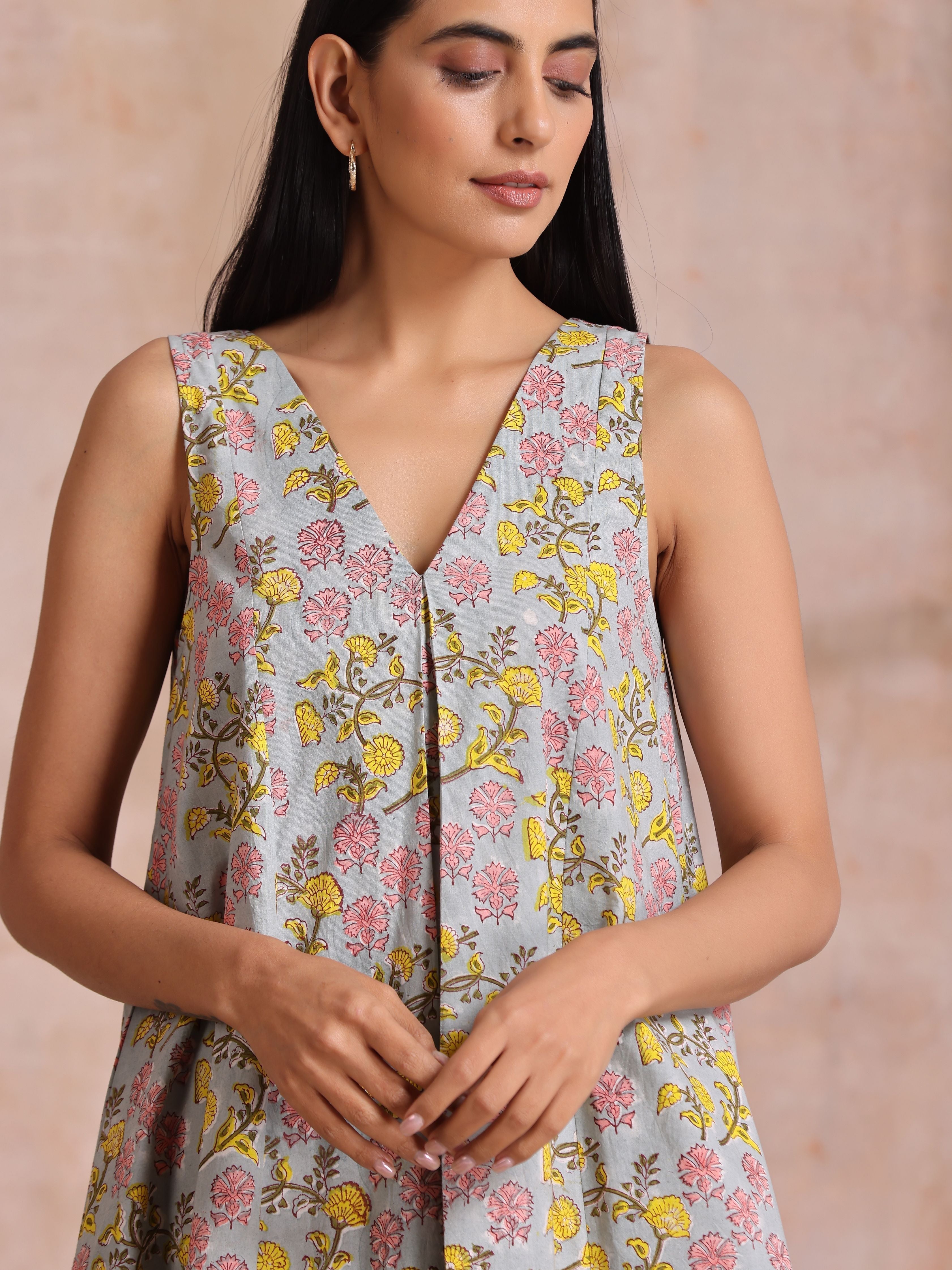 Grey Overall Floral Block Print Cotton Sleeveless Flared Kurta Pant Set