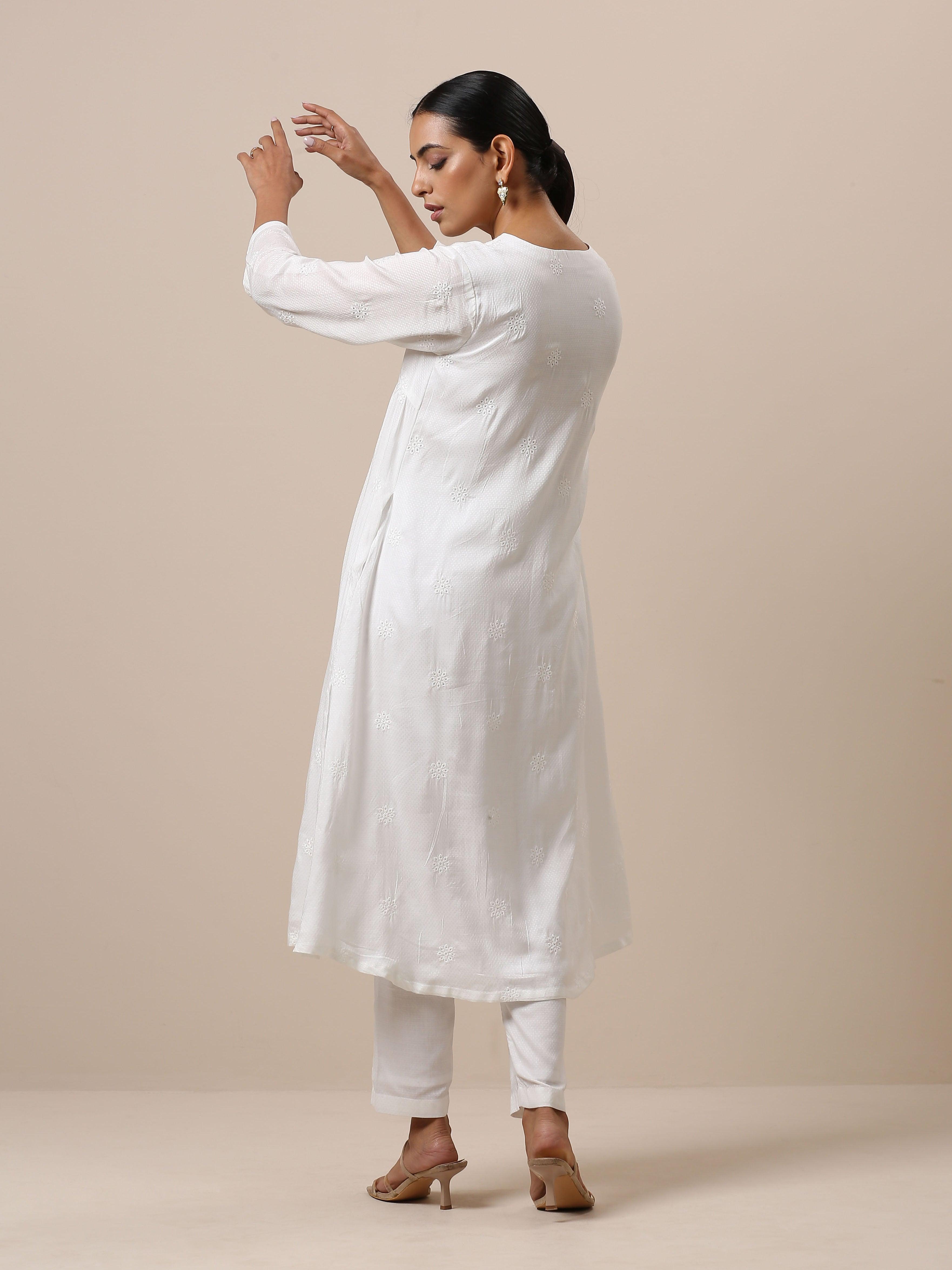 Cotton White Floral Embroidered Kurta Pant Set - trueBrowns