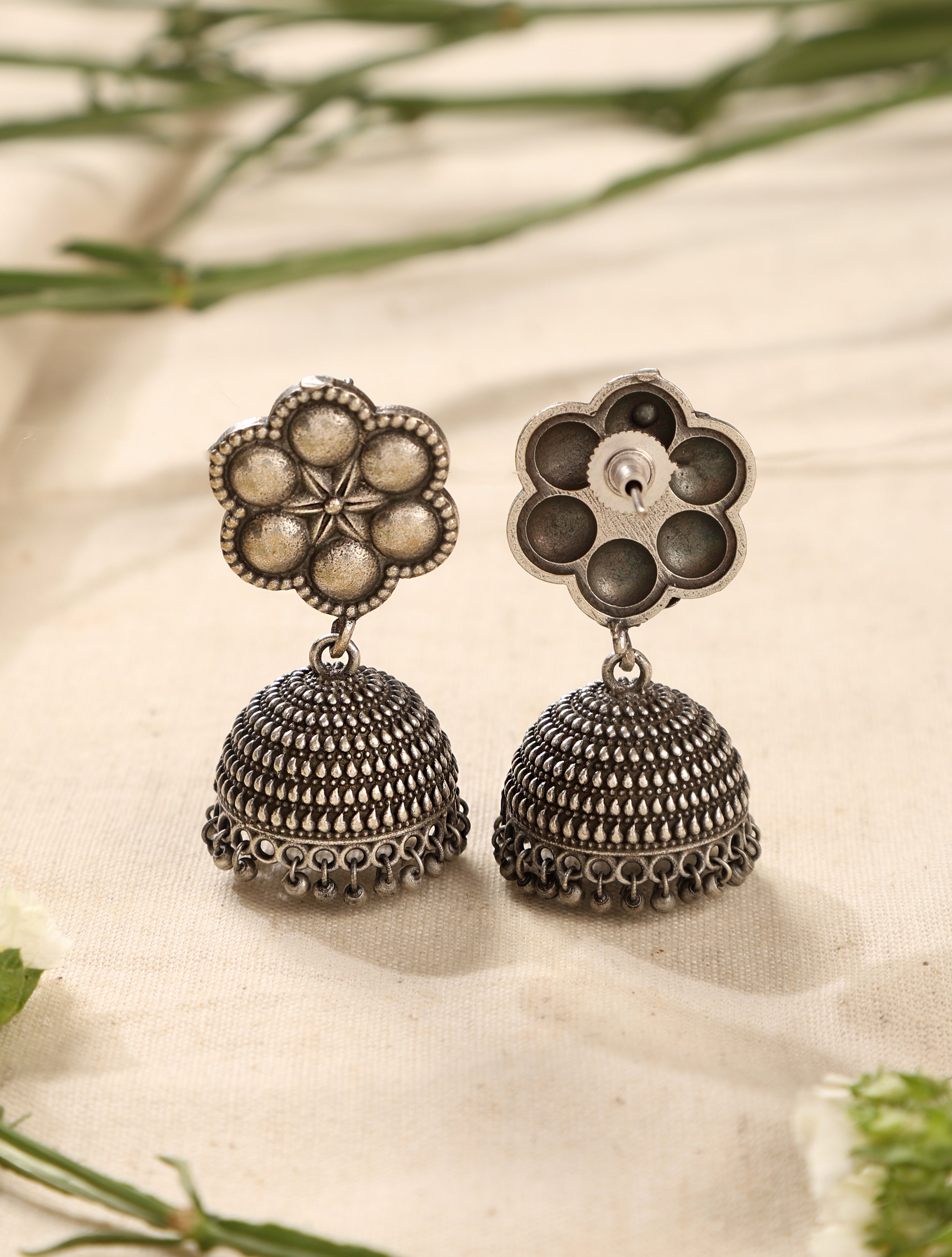 trueBrowns Silver Floral Jhumka Earrings