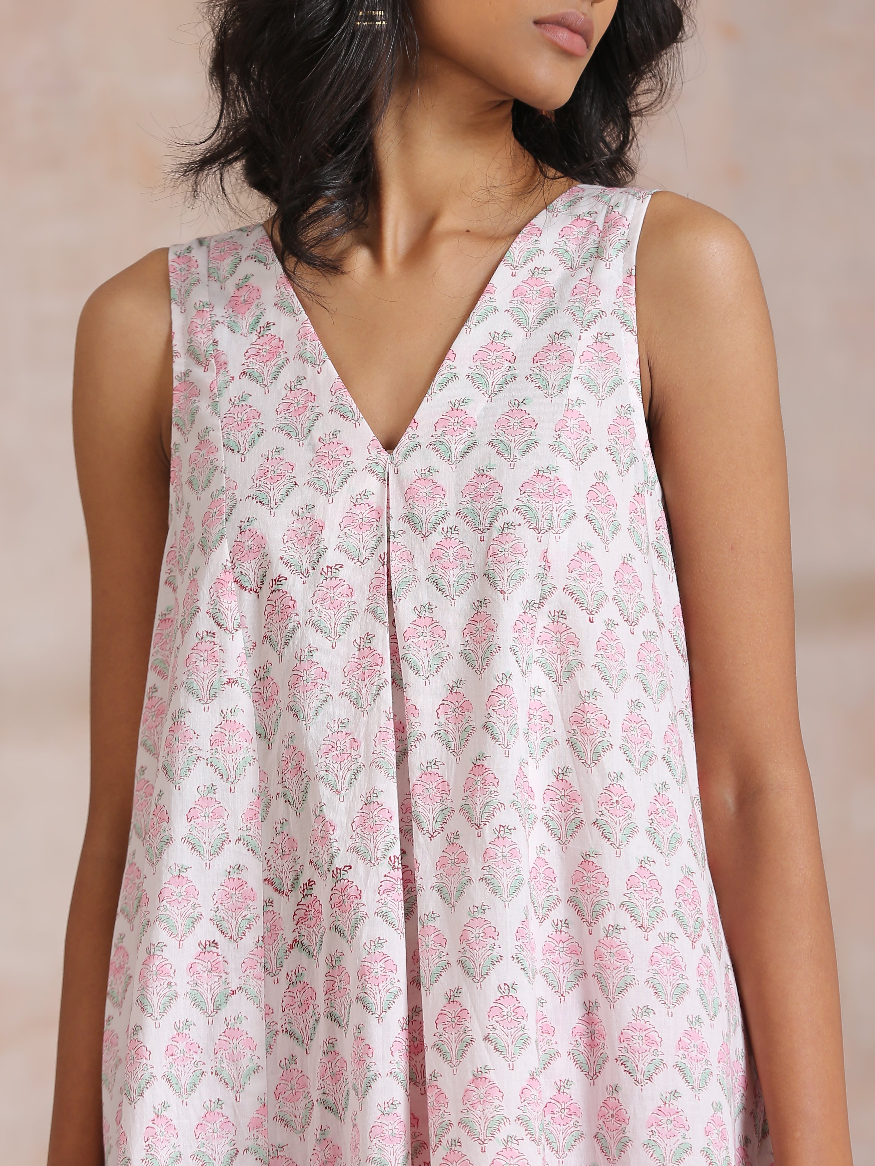 Pink Green Floral On White Block Print Cotton Sleeveless Flared Kurta Pant Set