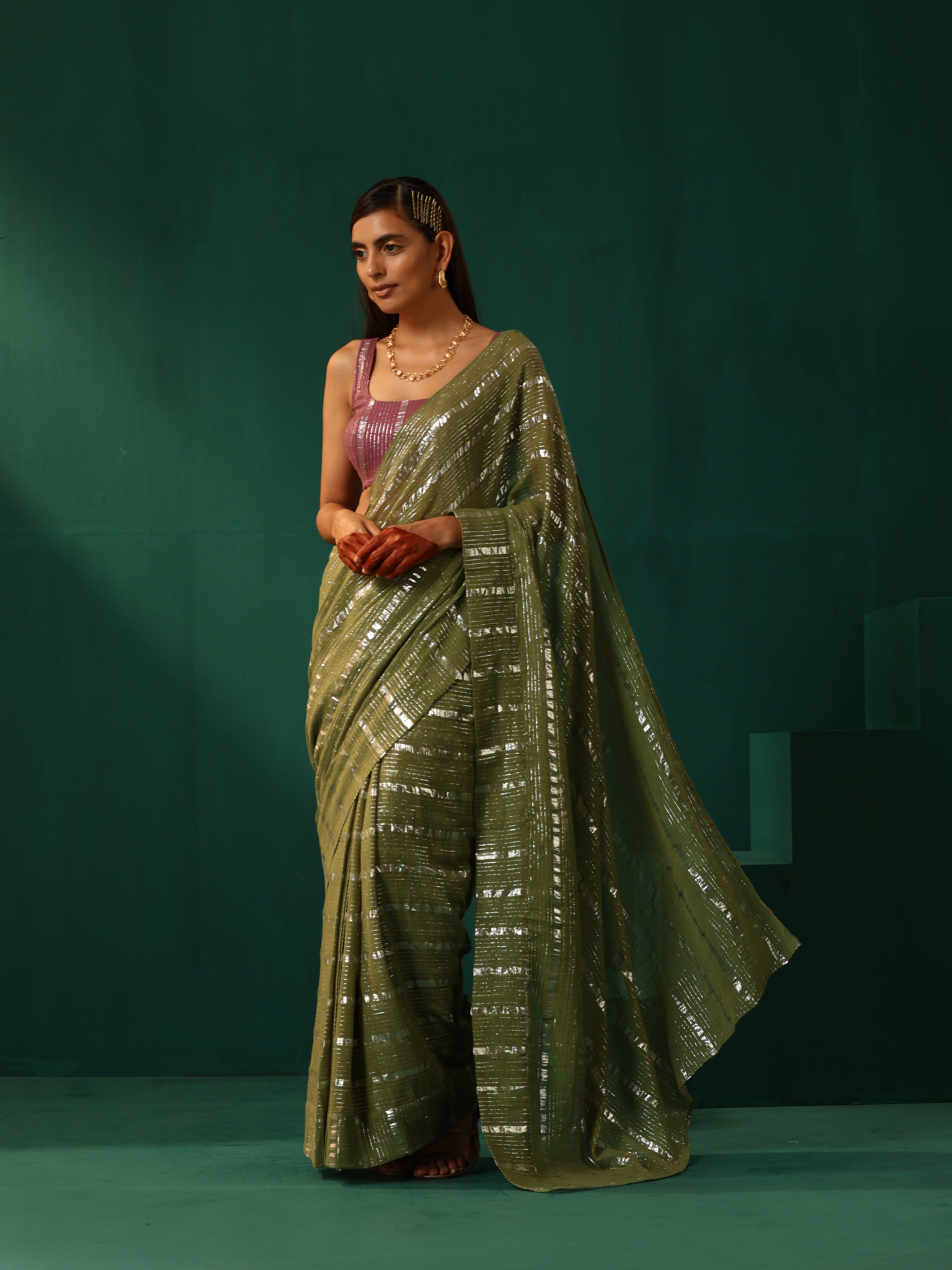 trueBrowns Sage Green Cotton Silver Striped Ready To Wear Saree