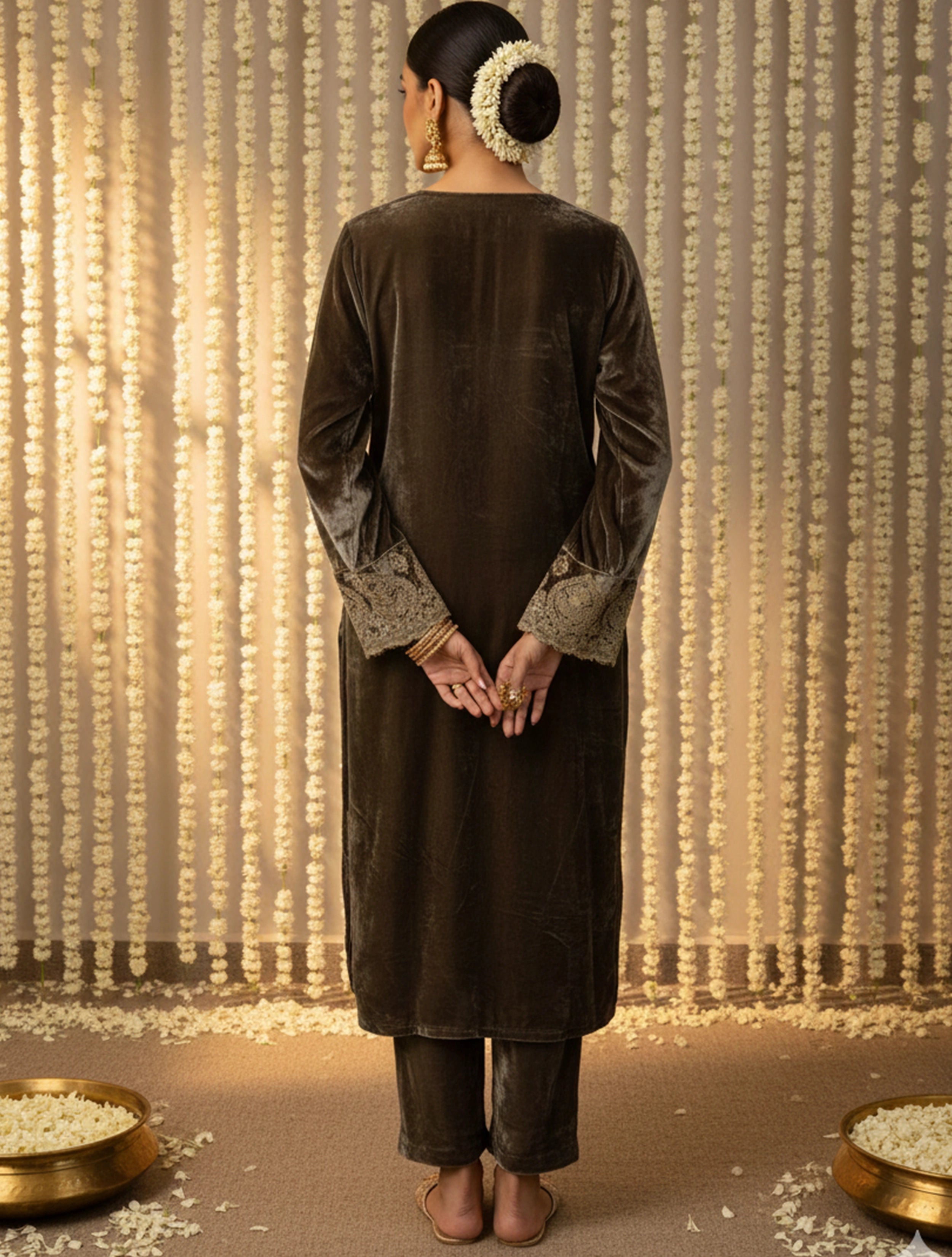 trueBrowns Brown Velvet Embroidered Chogha Pants Dupatta Set