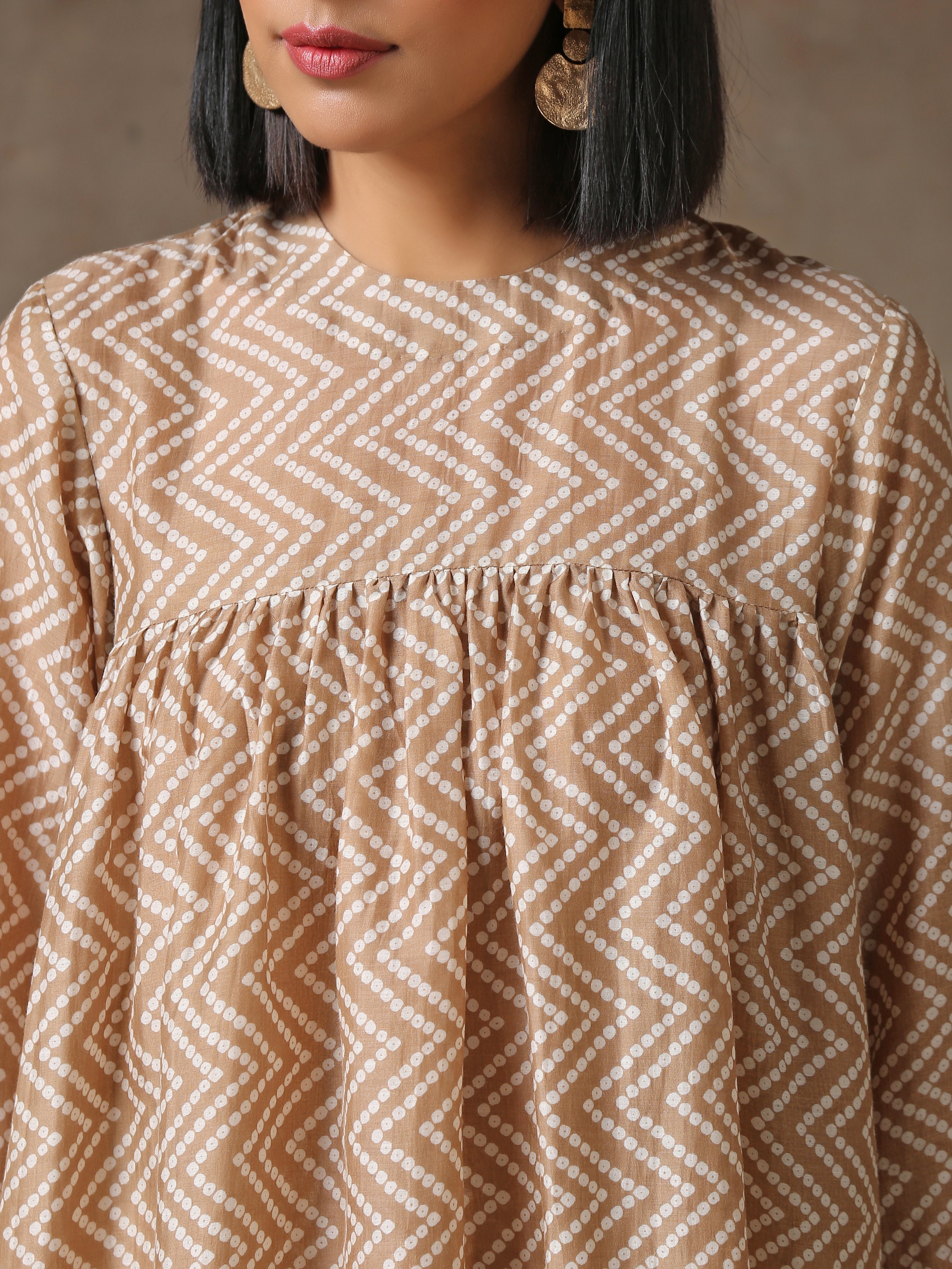 Beige Bandhani Printed Silk Gathered Co-Ord Set