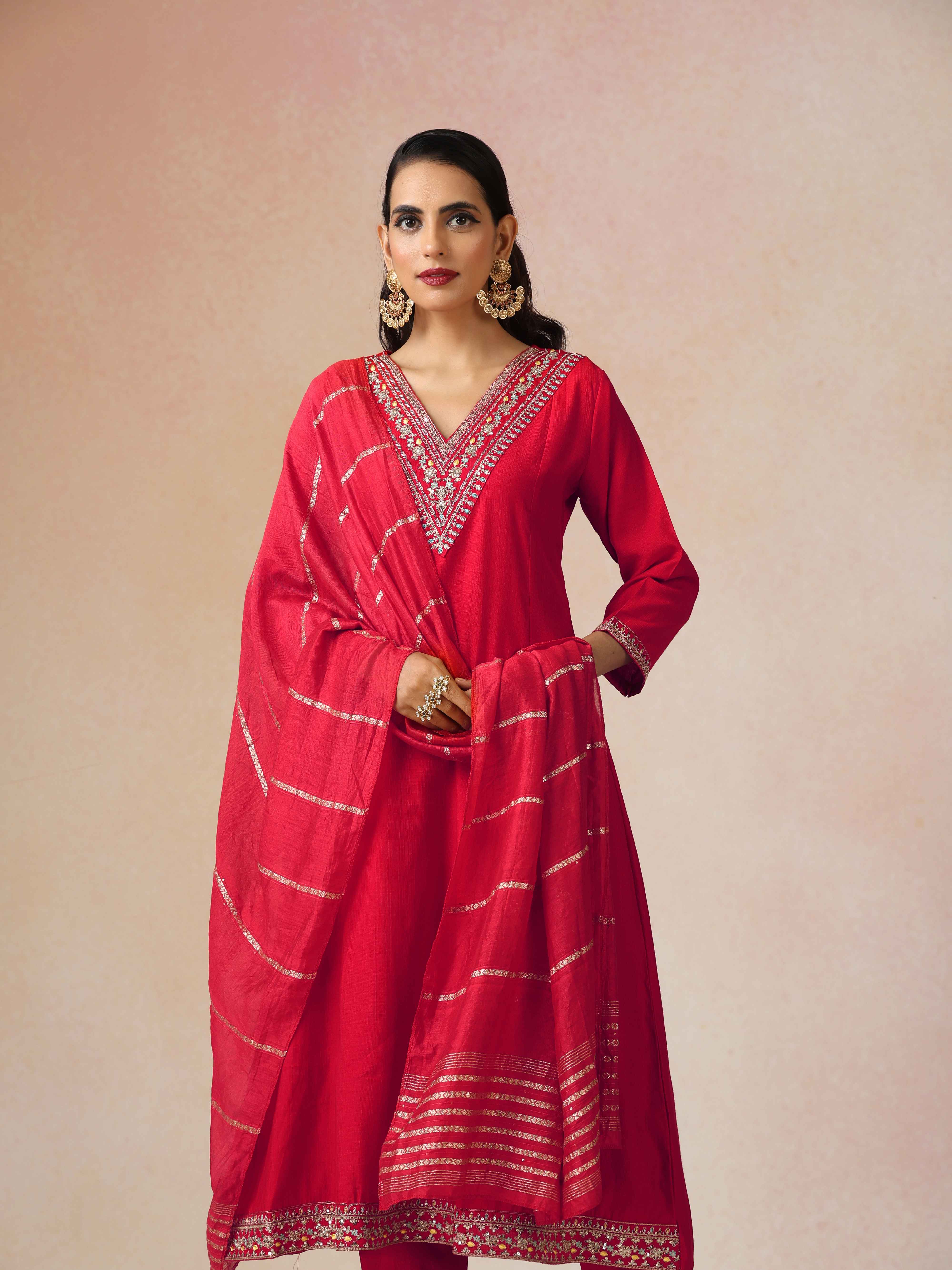 trueBrowns Red Embroidered A-line Kurta 3pc Set