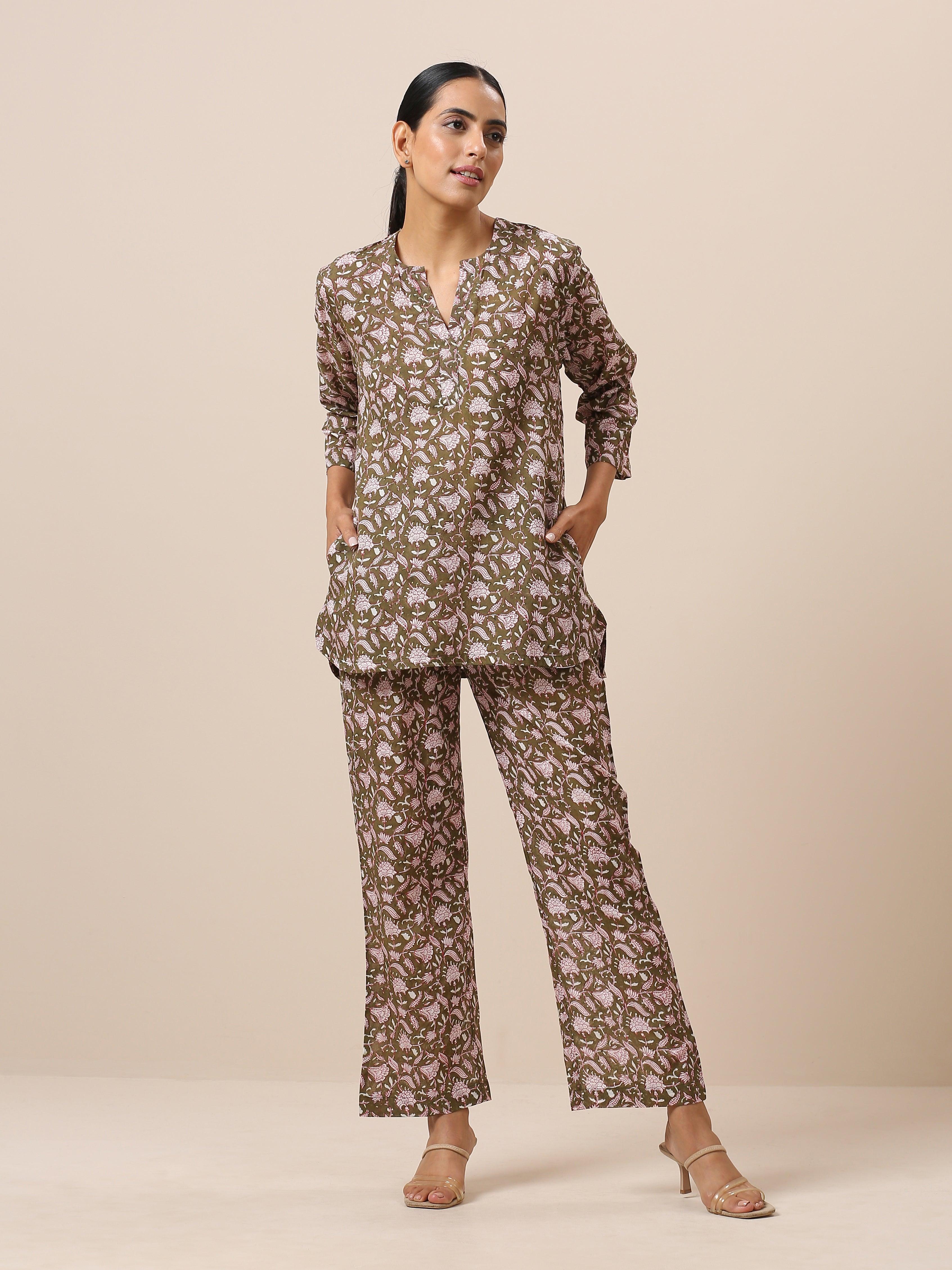 Cotton Hand Block Printed Olive Green Co-Ord Set - trueBrowns
