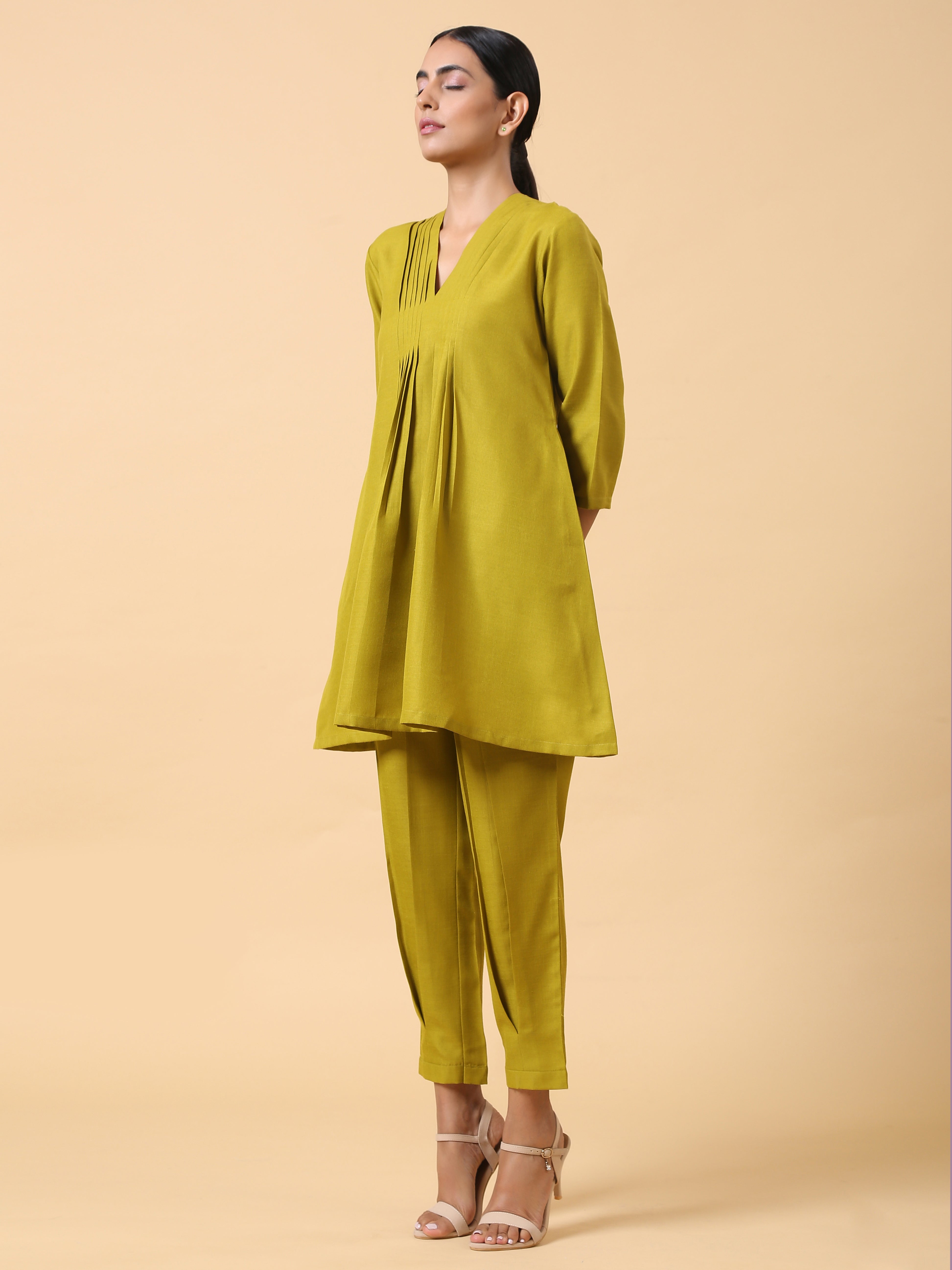 Cotton Linen Lime Green Pleated Co-Ord Set