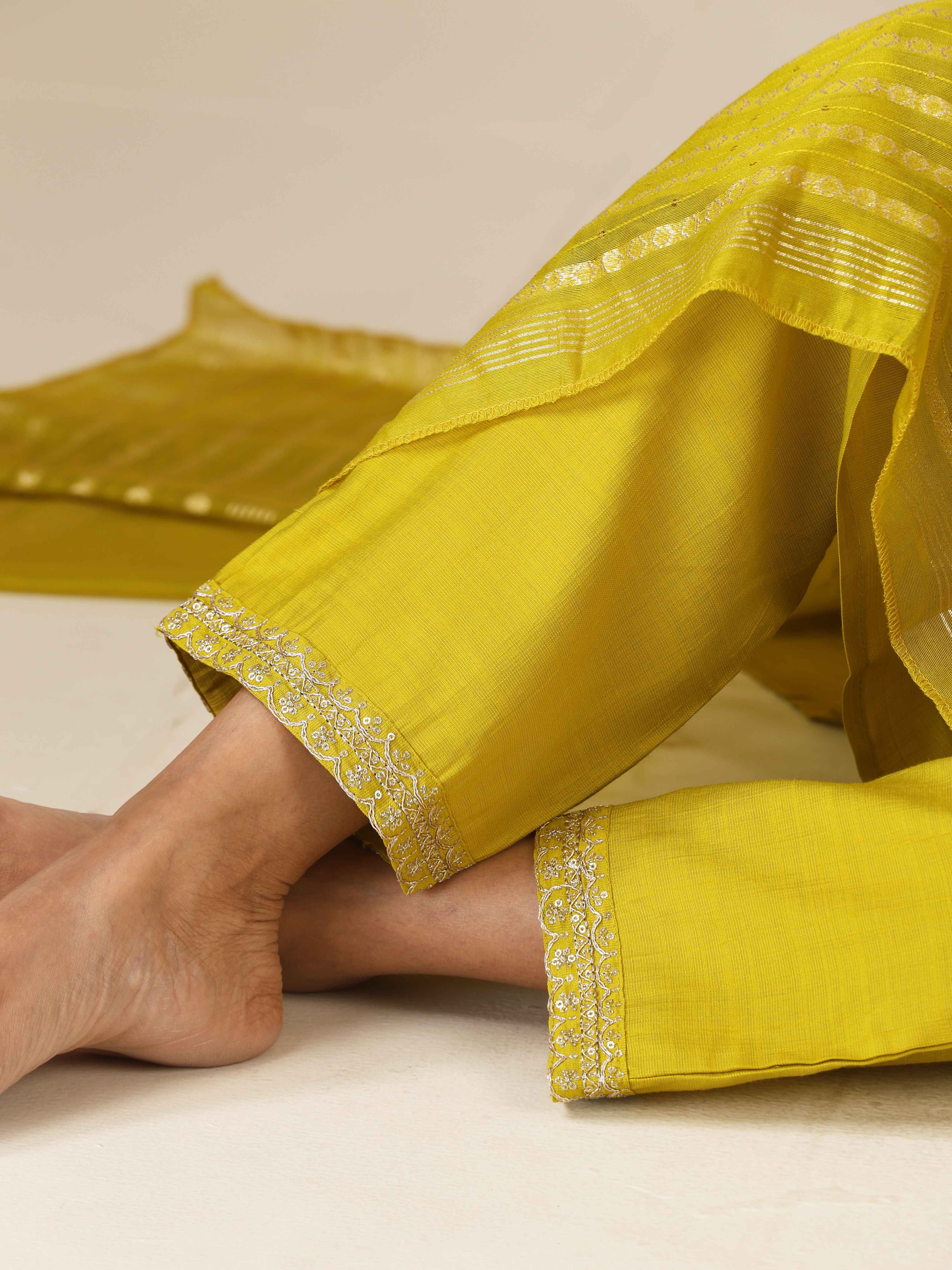 trueBrowns Lime All Over Embroidered Straight Kurta 3pc Set