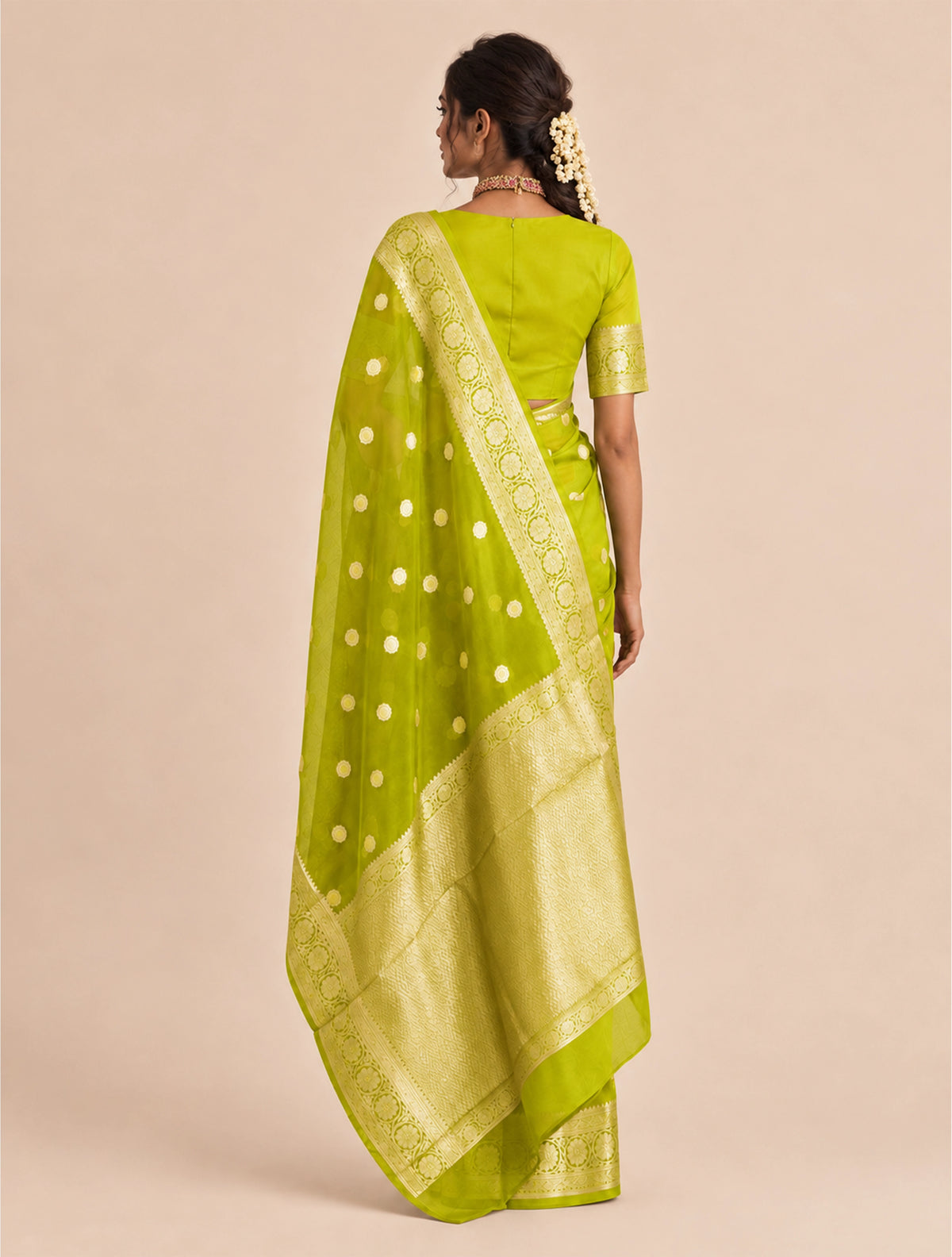 trueBrowns Green Weave Gold Boota Silk Organza Handloom Saree With Unstitched Blouse