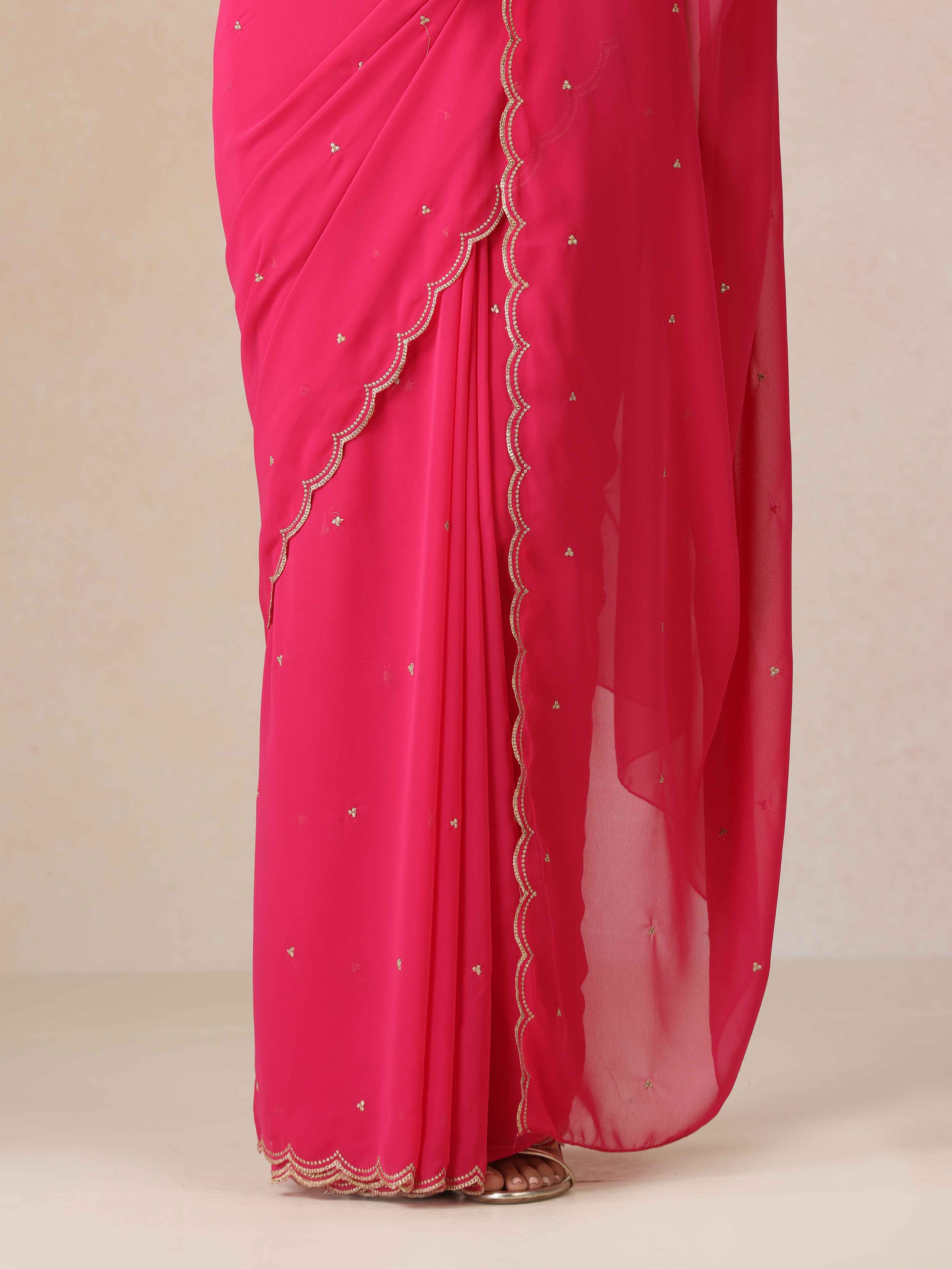 trueBrowns Pink Georgette Embroidered Saree With unstitched Blouse