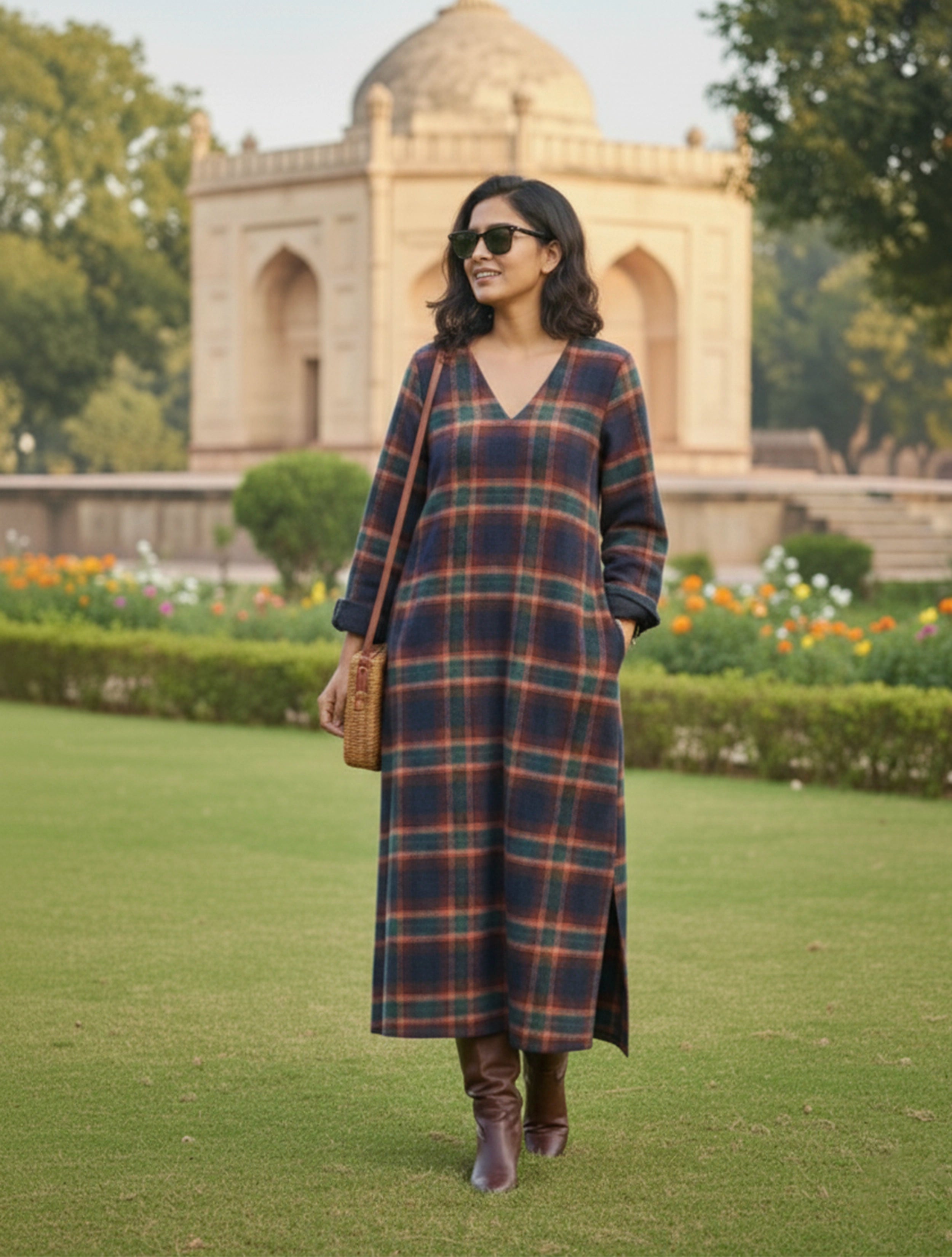 trueBrowns Navy Check Straight Woollen Dress