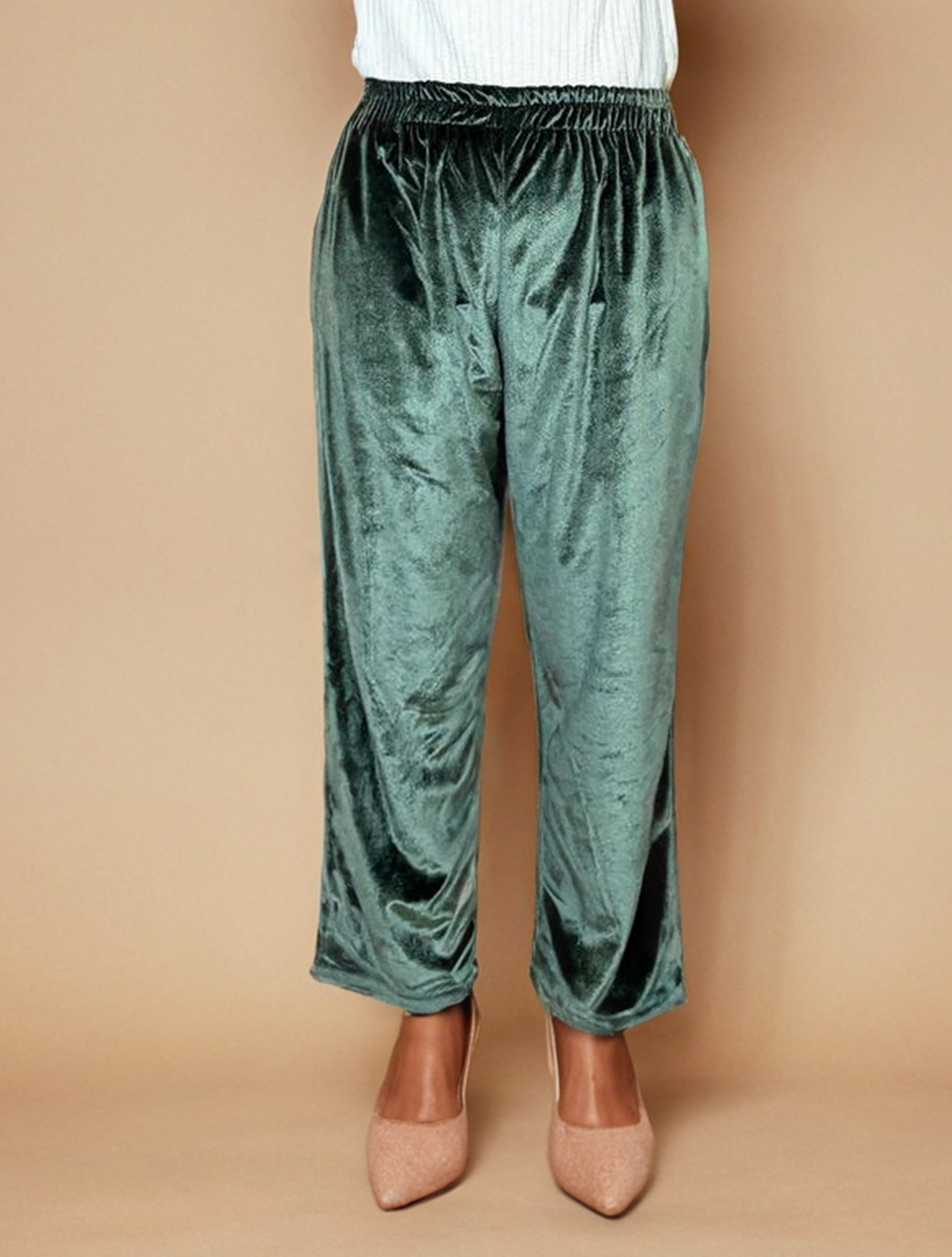 trueBrowns Olive Green Velvet Embroidered Kaftan Kurta Set