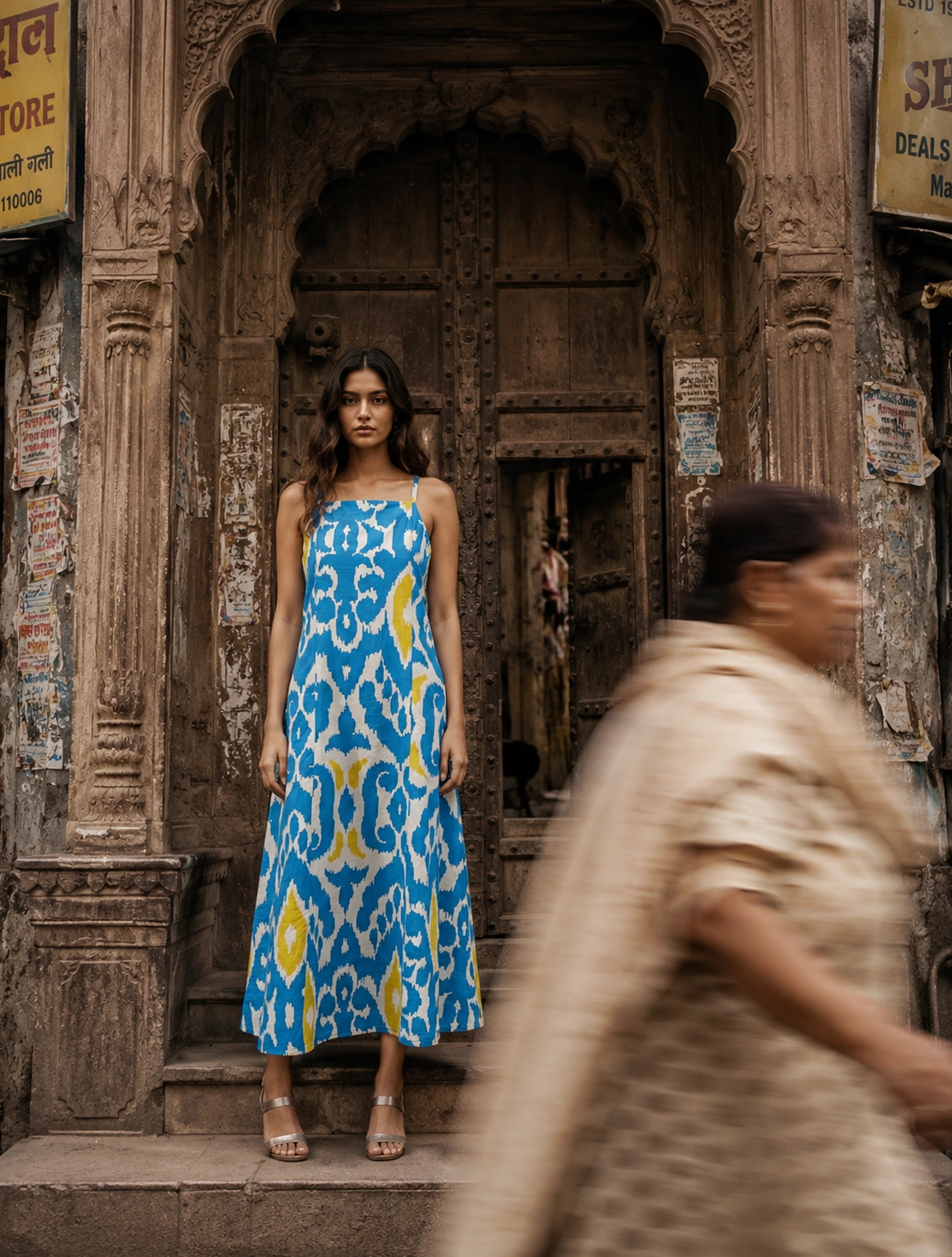 trueBrowns Blue Ikat Print Cotton Strappy Maxi Dress