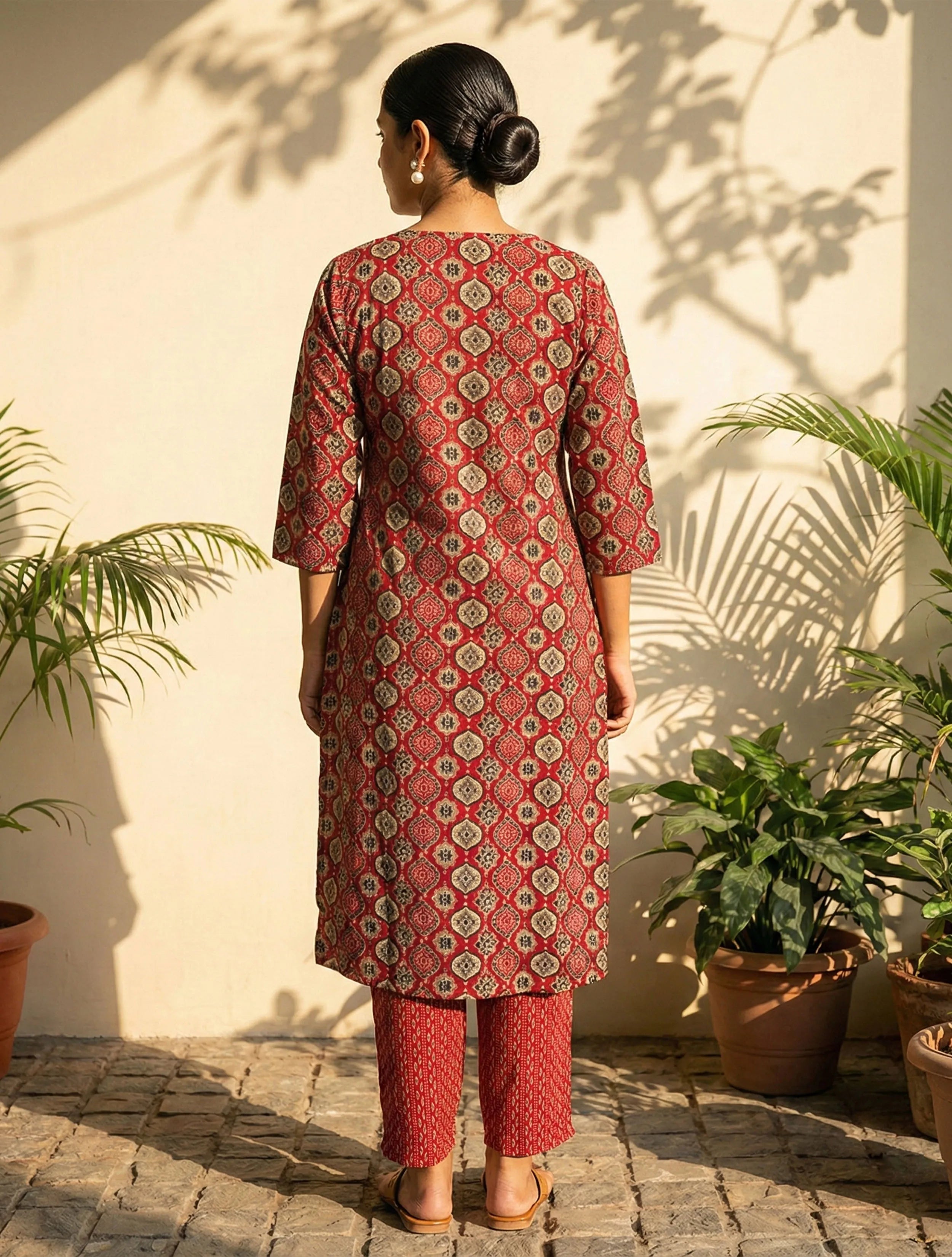 trueBrowns Red Print Embroidered V-Neck Kurta Pant Dupatta Set
