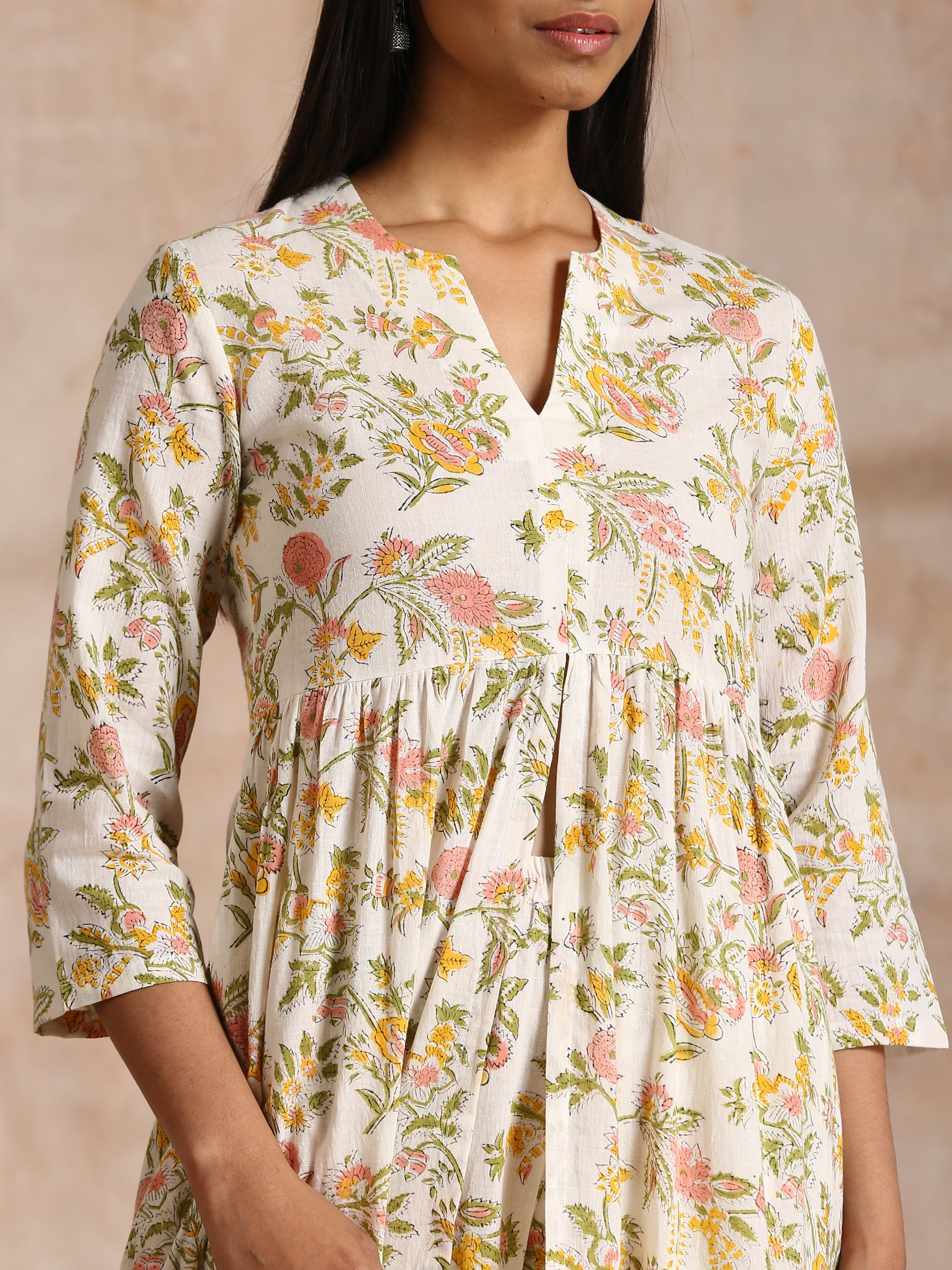 White Multi Color Overall Block Print Cotton Kurta Pant Set