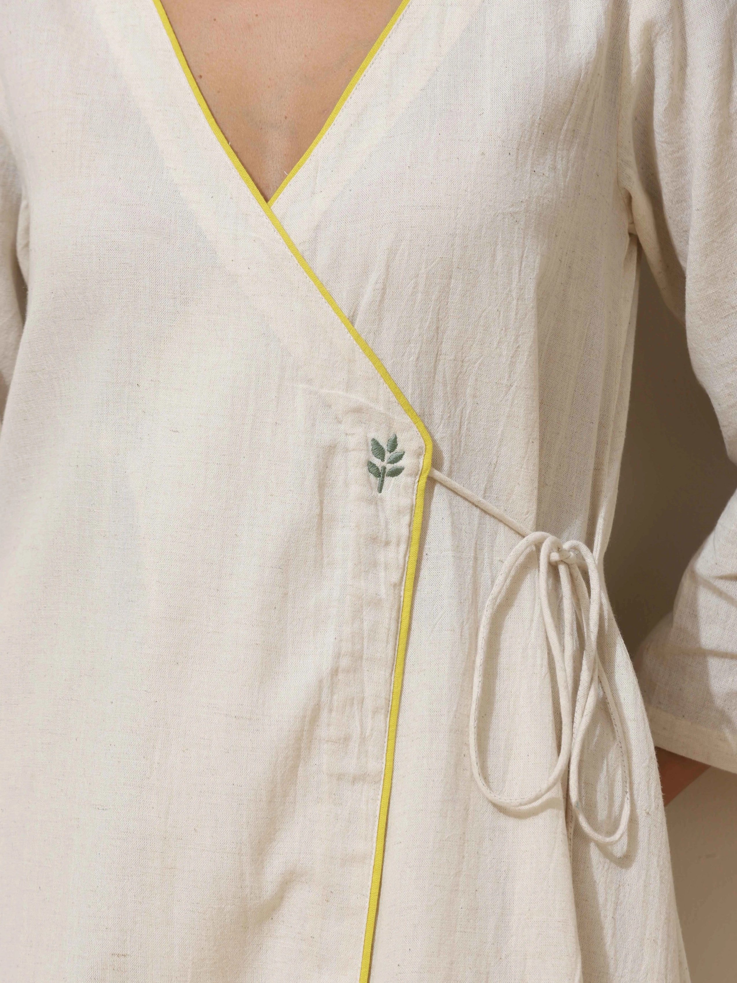 trueBrowns Off White Cotton Linen Angrakha Kurta Pant Set