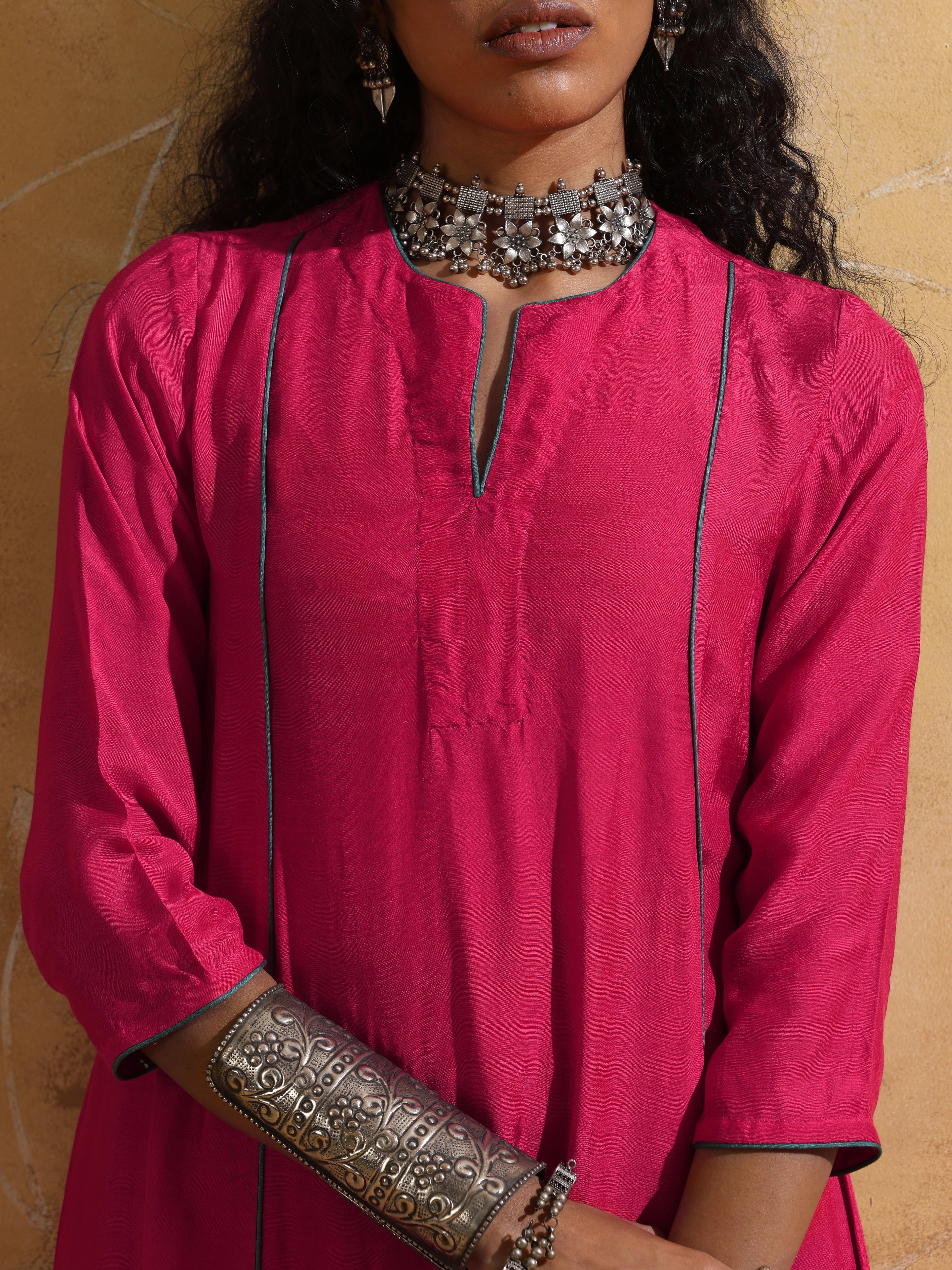trueBrowns Pink Muslin Silk A-Line Kurta Co-ord Set