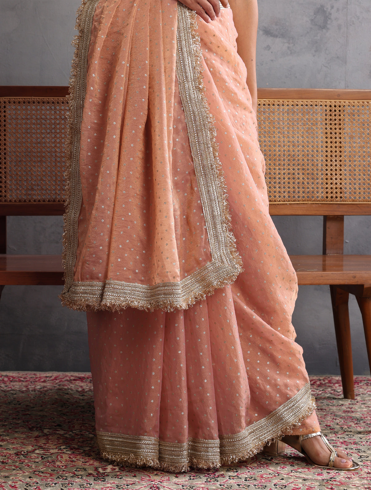 trueBrowns Peach Tissue Foil Printed Saree With Unstitched Blouse