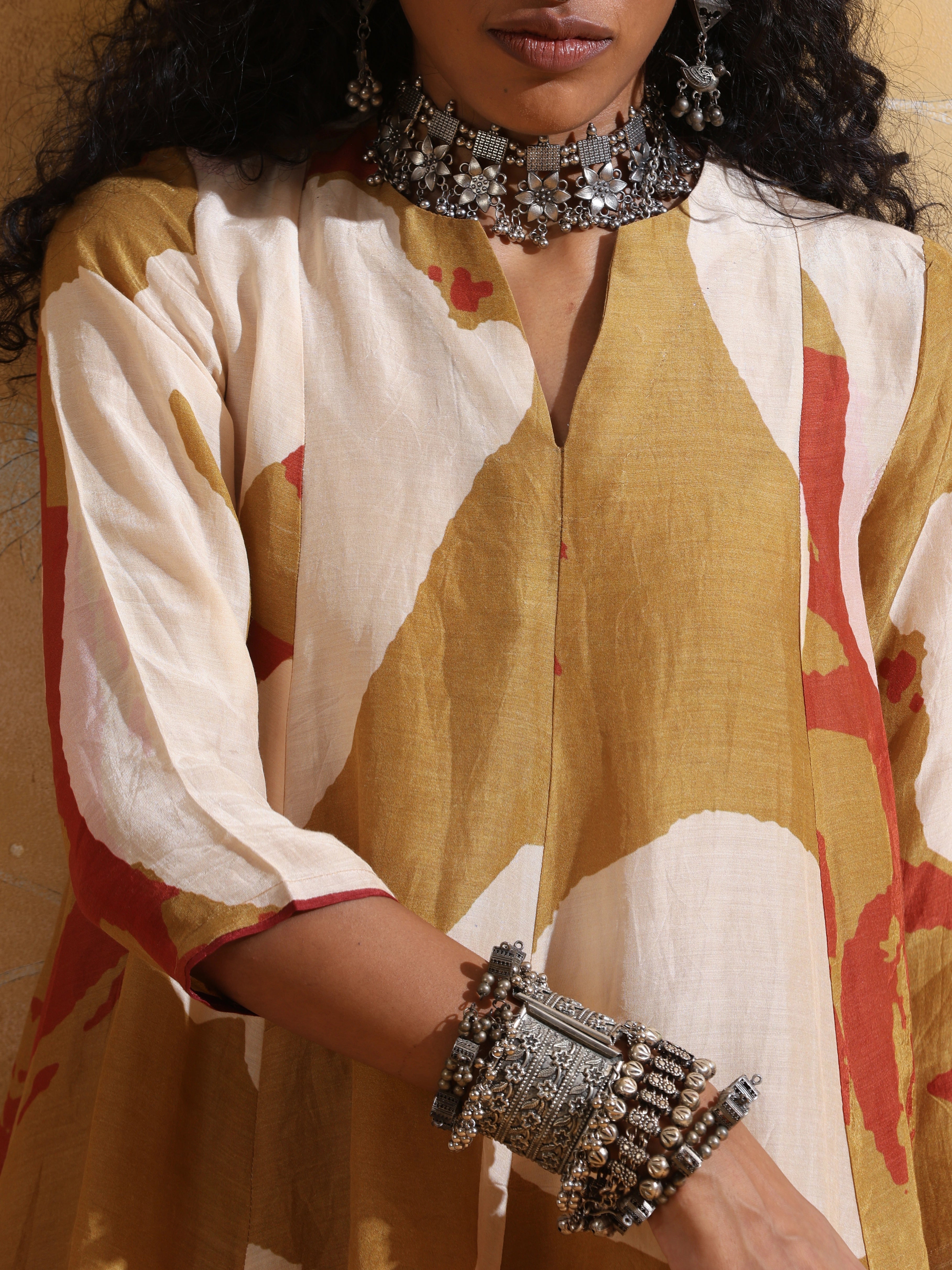 trueBrowns Mustard Rust Red Floral Print Muslin Silk Flared Co-ord Set