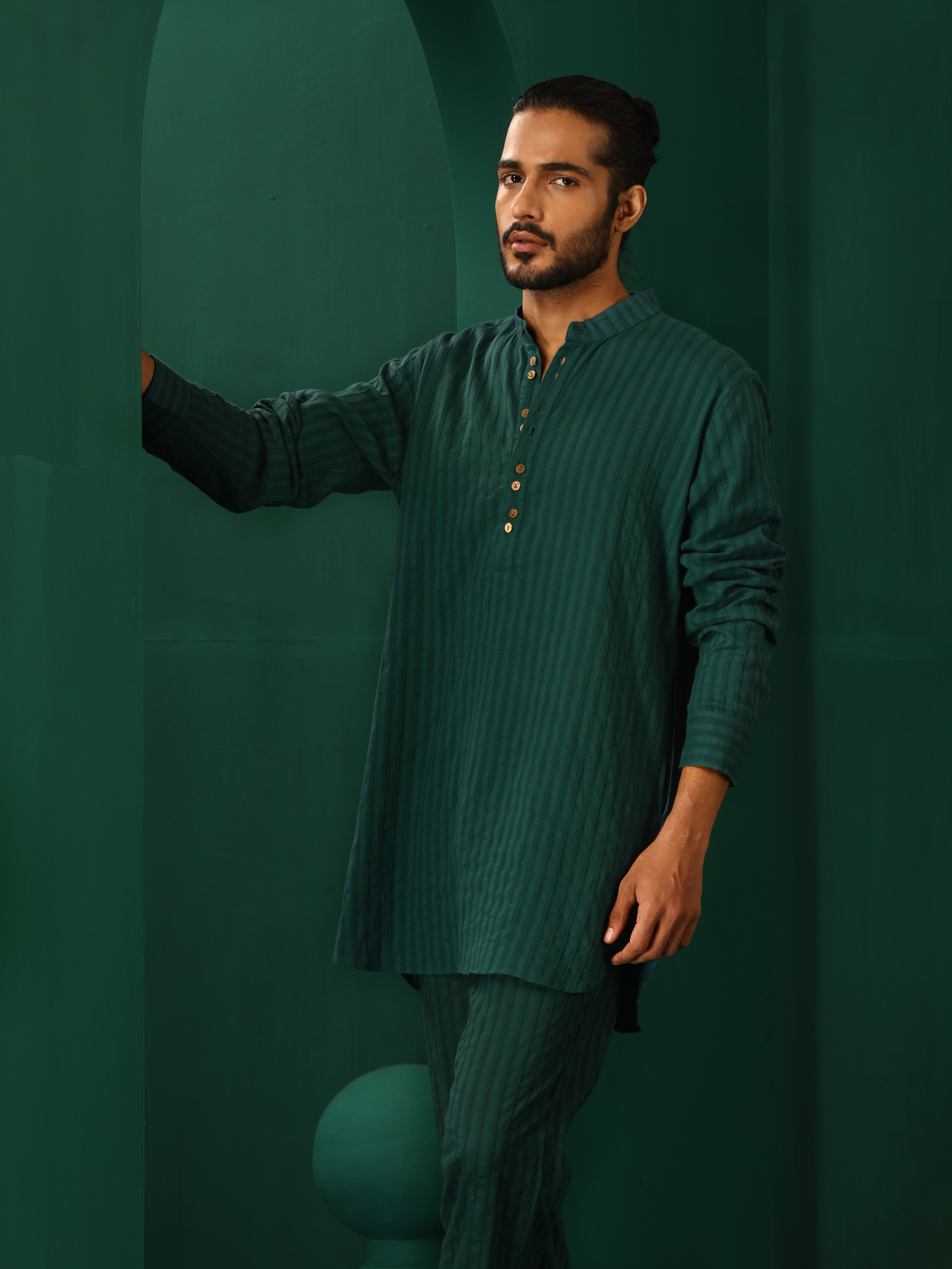 trueBrowns Men Turquoise Dobby Co-ord Set