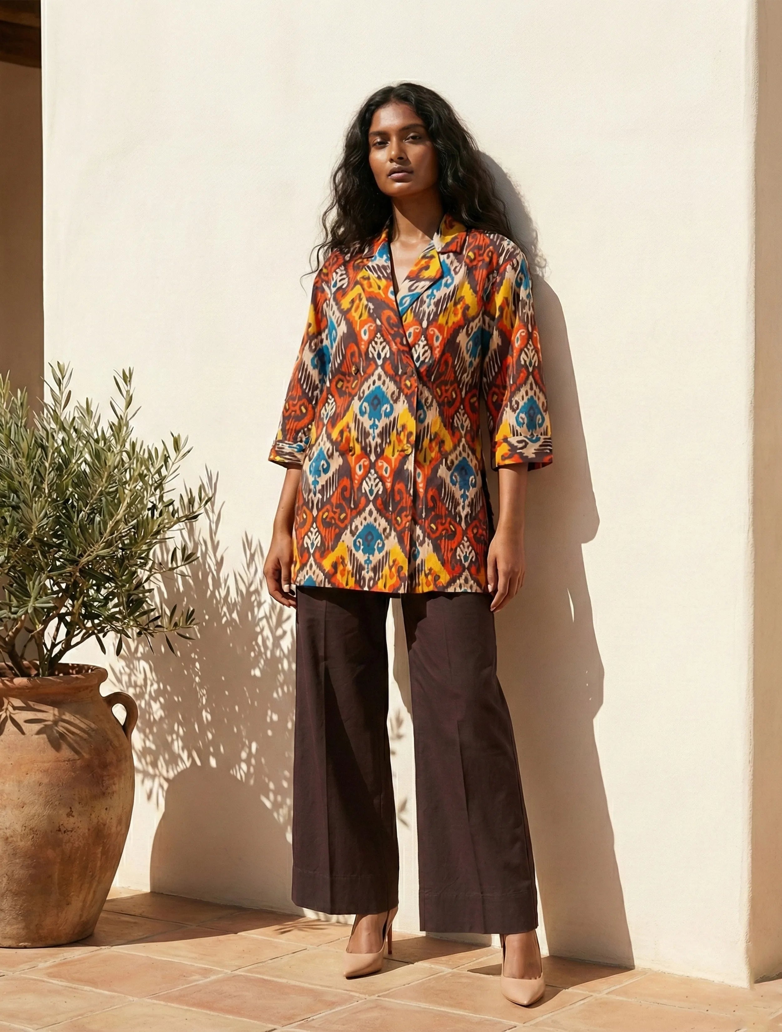 trueBrowns Multicolour Ikat Print Cotton Poplin Blazer Co-Ord Set