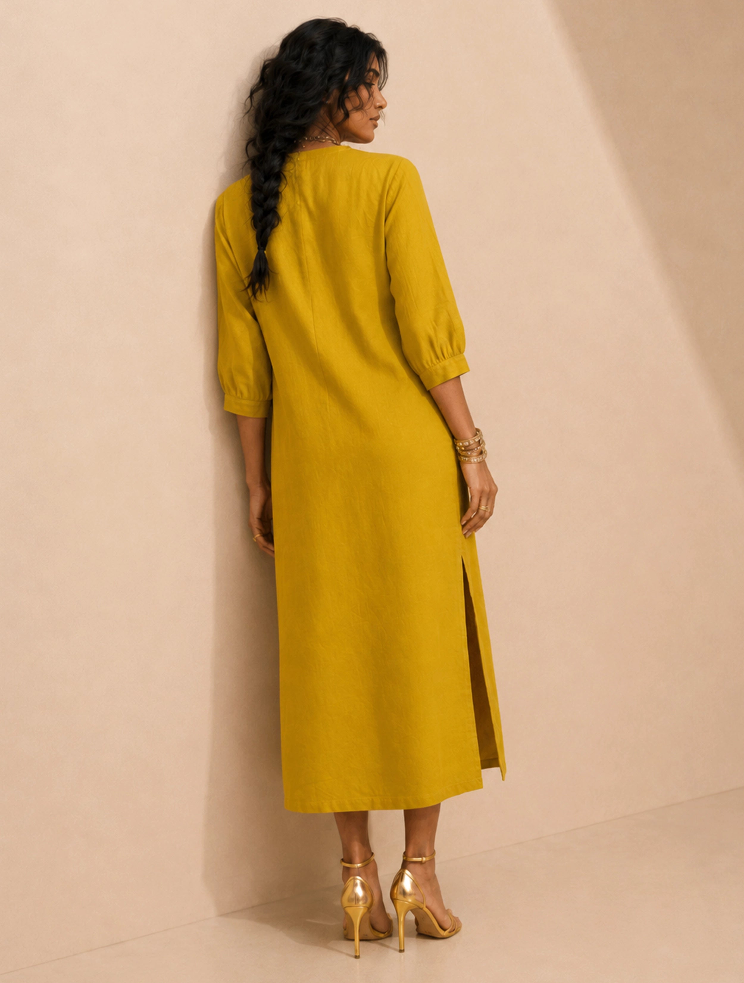 trueBrowns Lime Solid Viscose Long Dress