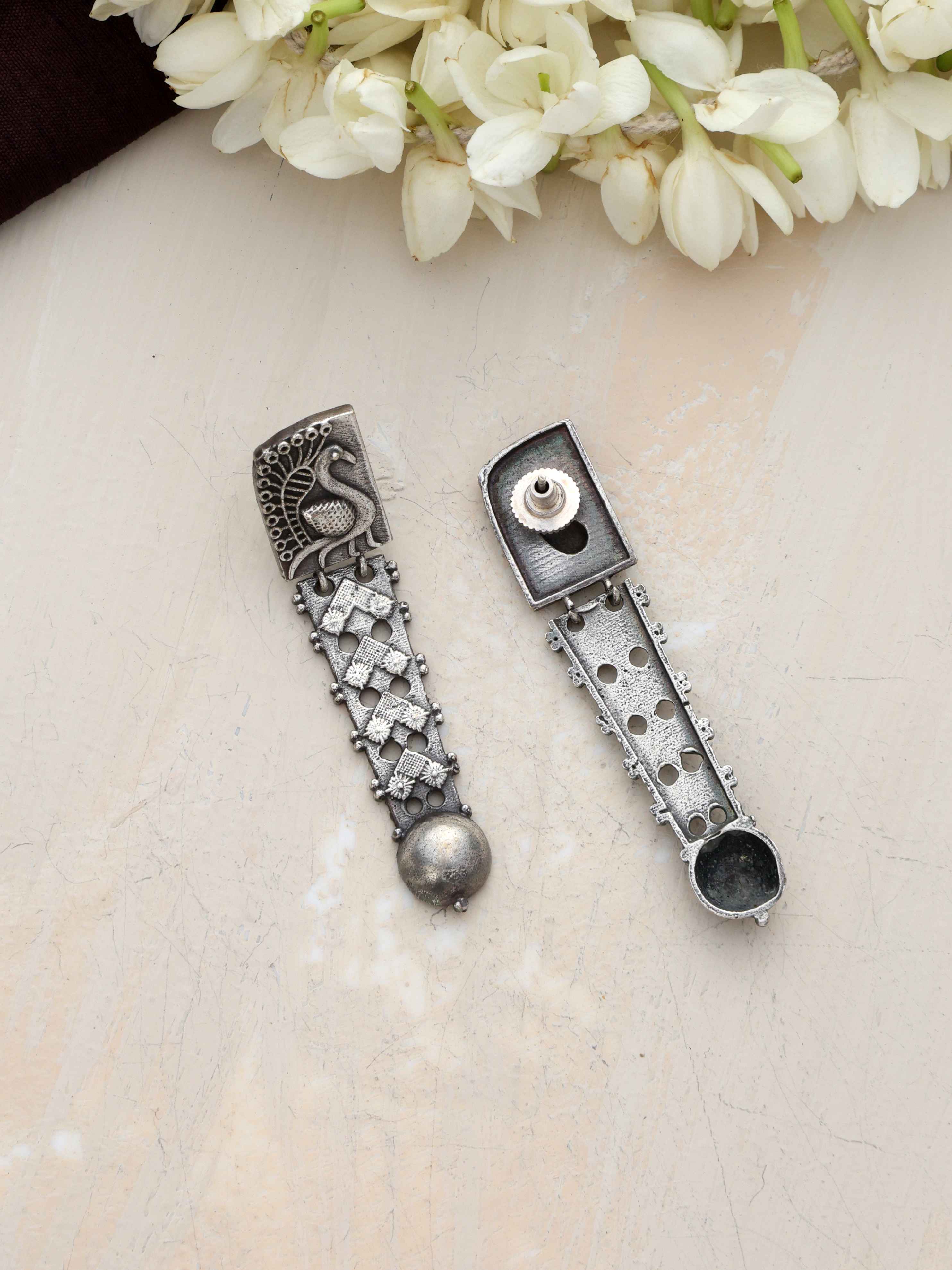trueBrowns Silver Tone Flamingo Dangle Earrings