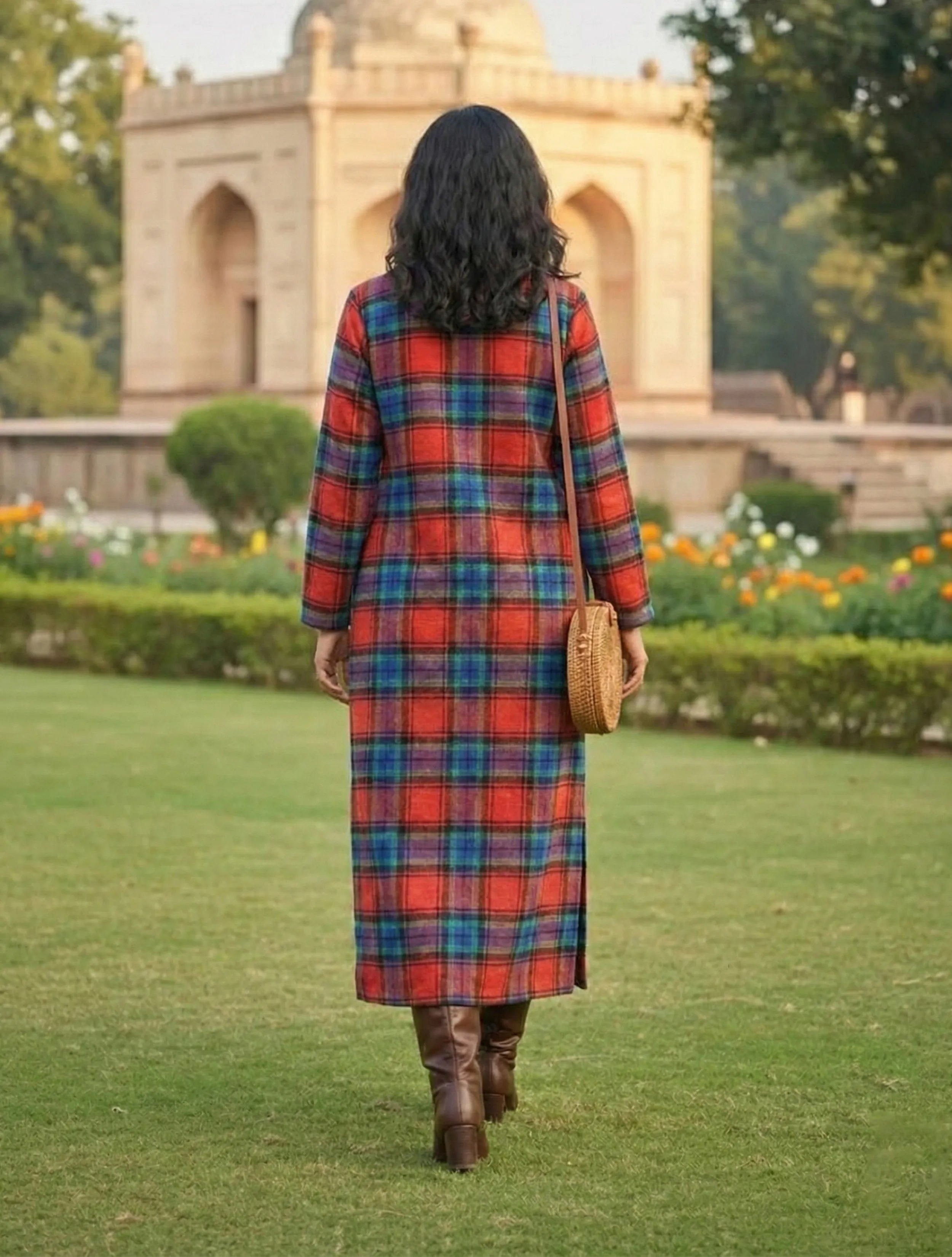 trueBrowns Red Blue Check Straight Maxi Woollen Dress