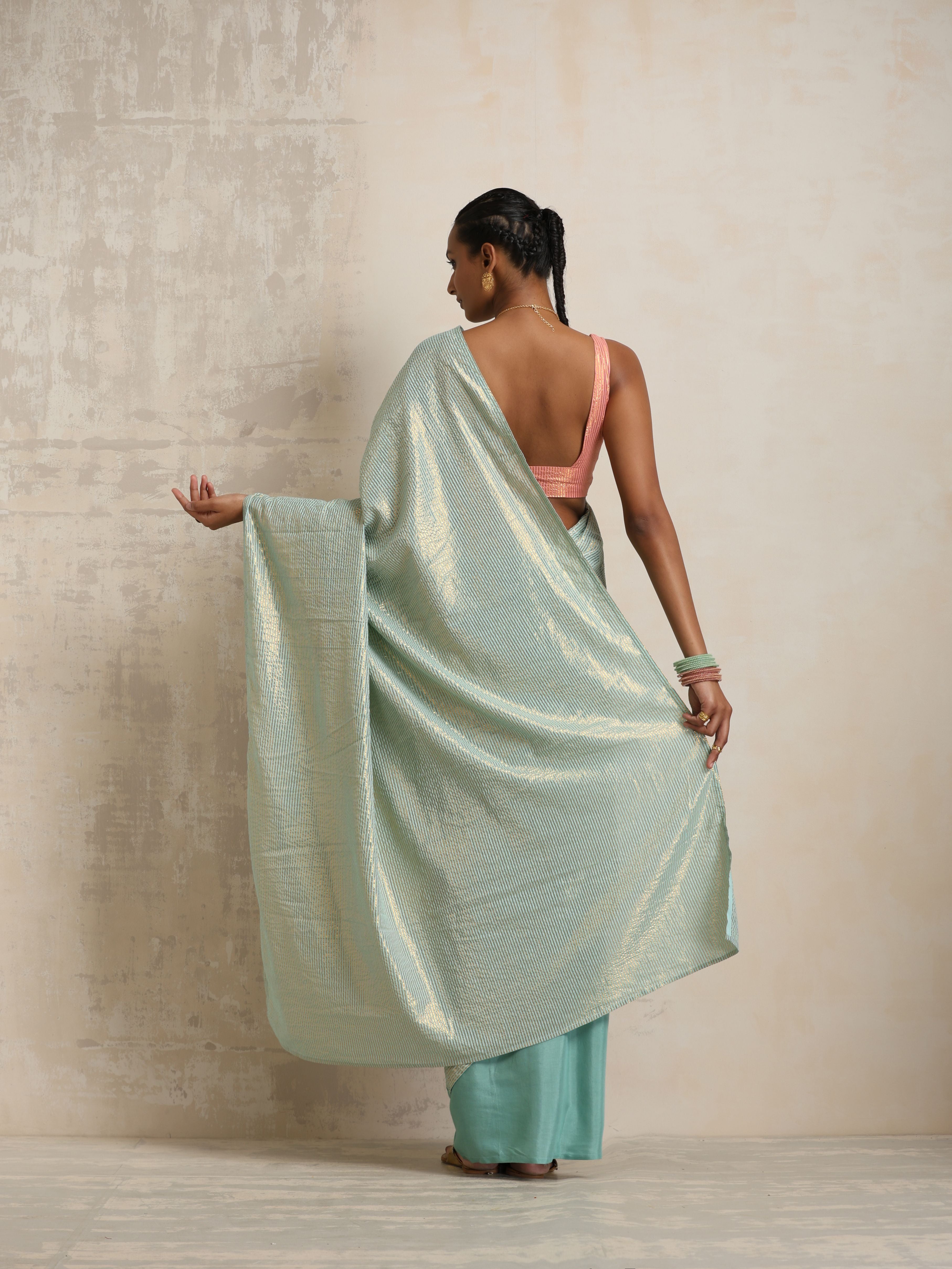 trueBrowns Blue Gold Lurex Ready To Wear Saree