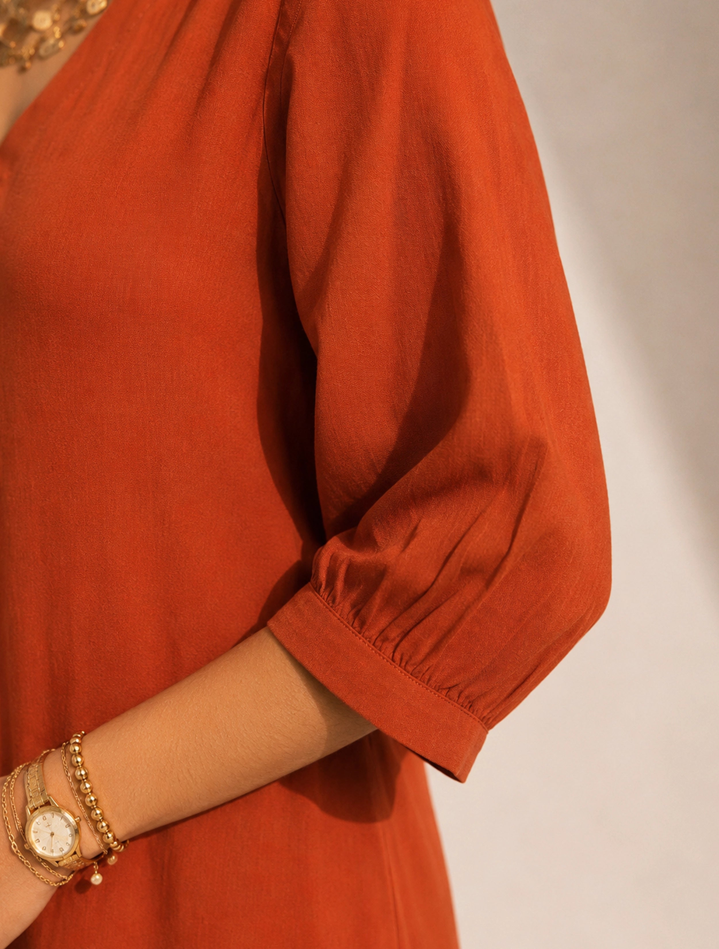trueBrowns Rust Solid Viscose Long Dress