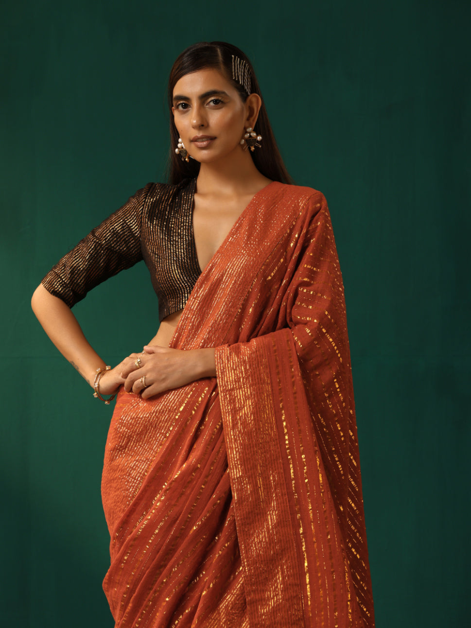 trueBrowns Rust Cotton Gold Striped Saree With Unstitched Blouse
