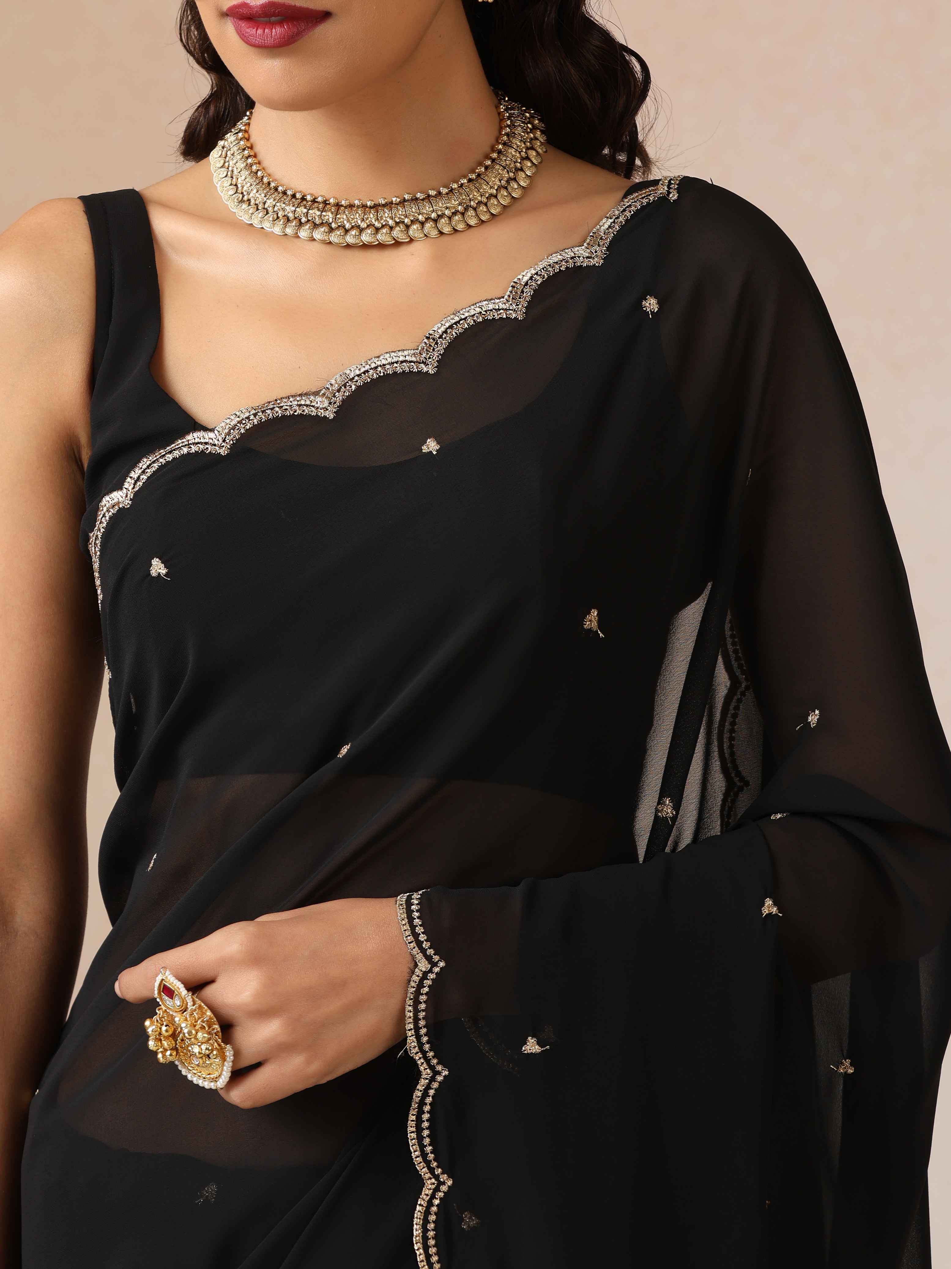 trueBrowns Black Georgette Embroidered Saree With unstitched Blouse