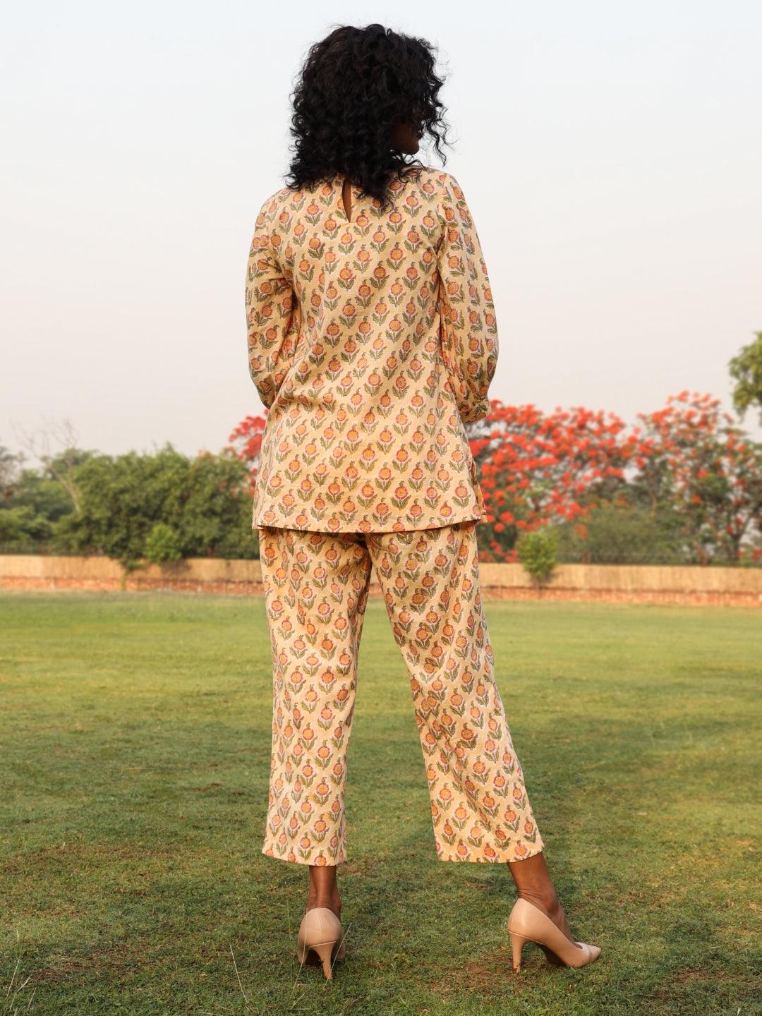 Peach Cotton Block Print Baggy Sleeve Co-Ord Set - trueBrowns