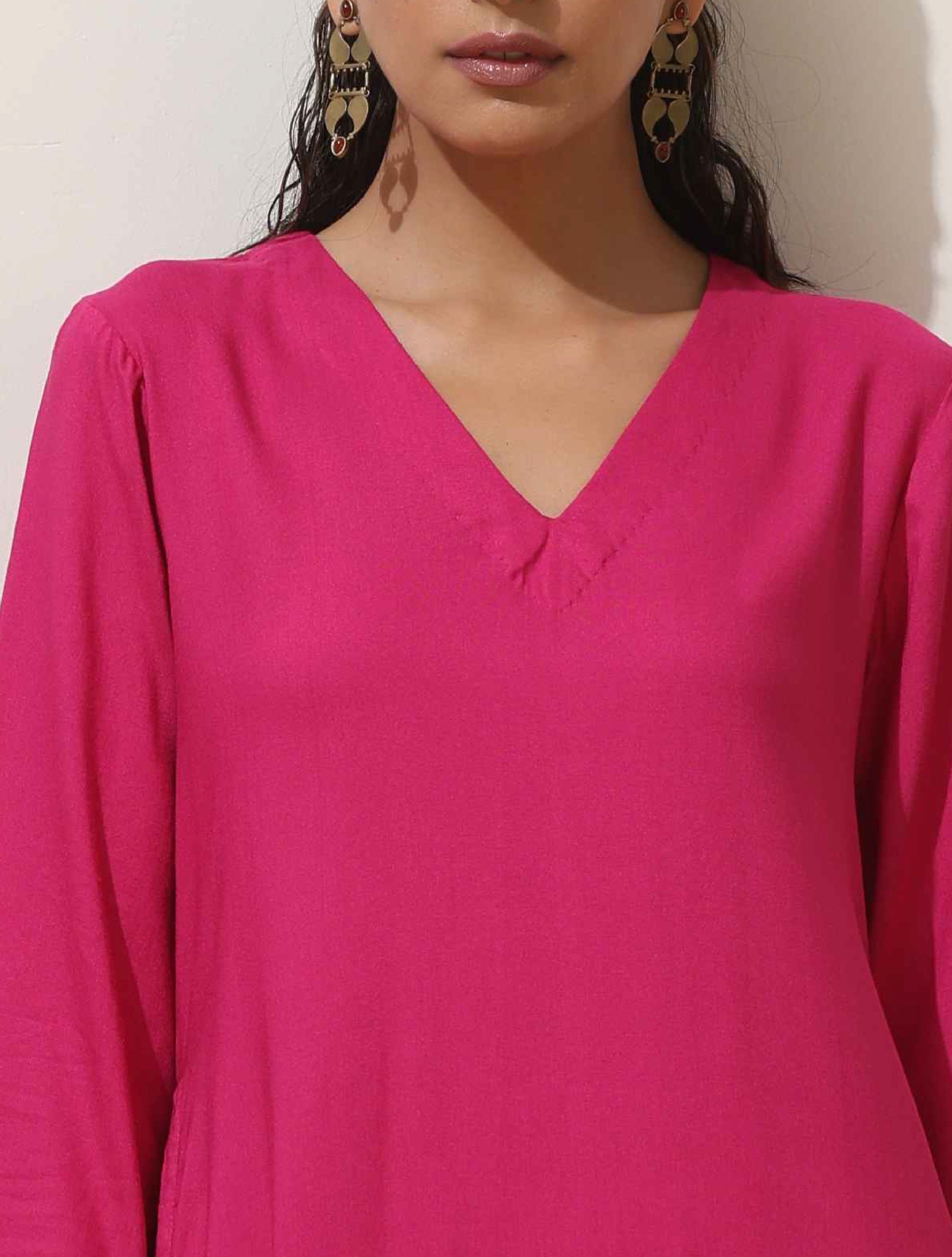trueBrowns Pink Viscose Kurta Pant Set