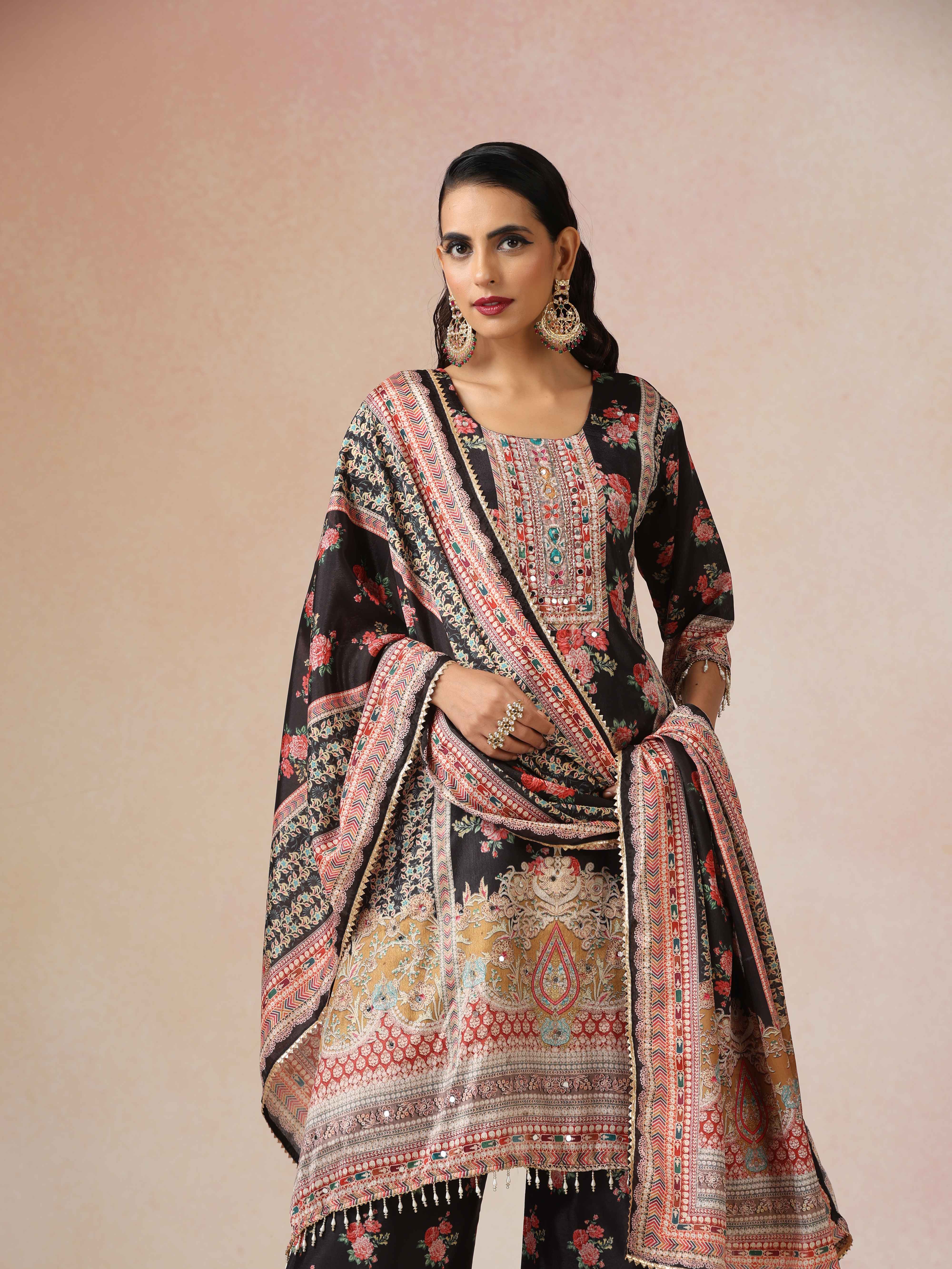 trueBrowns Black Print A-Line Kurta 3pc Set