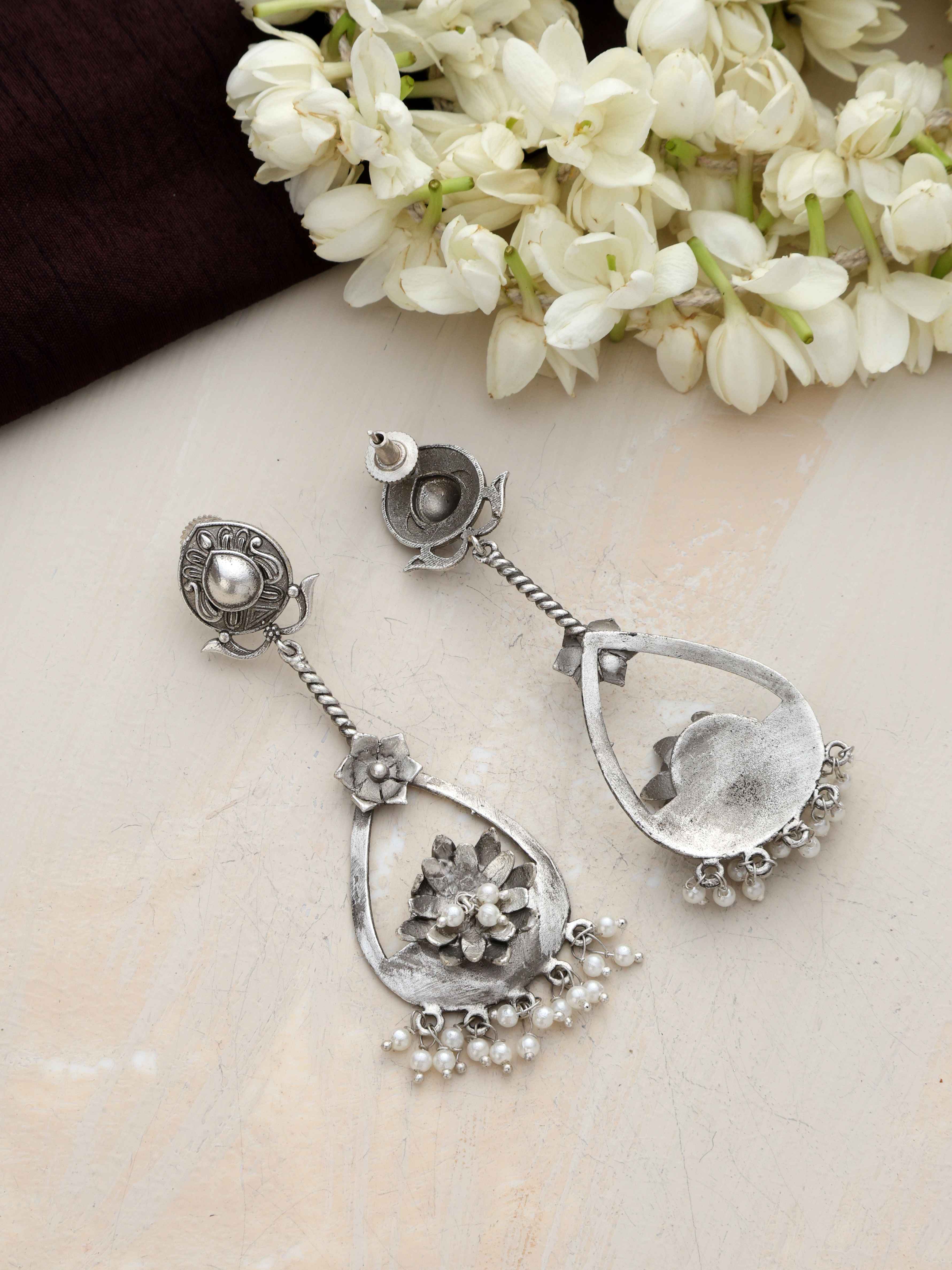 trueBrowns Silver Tone Floral Chandbaali Earrings