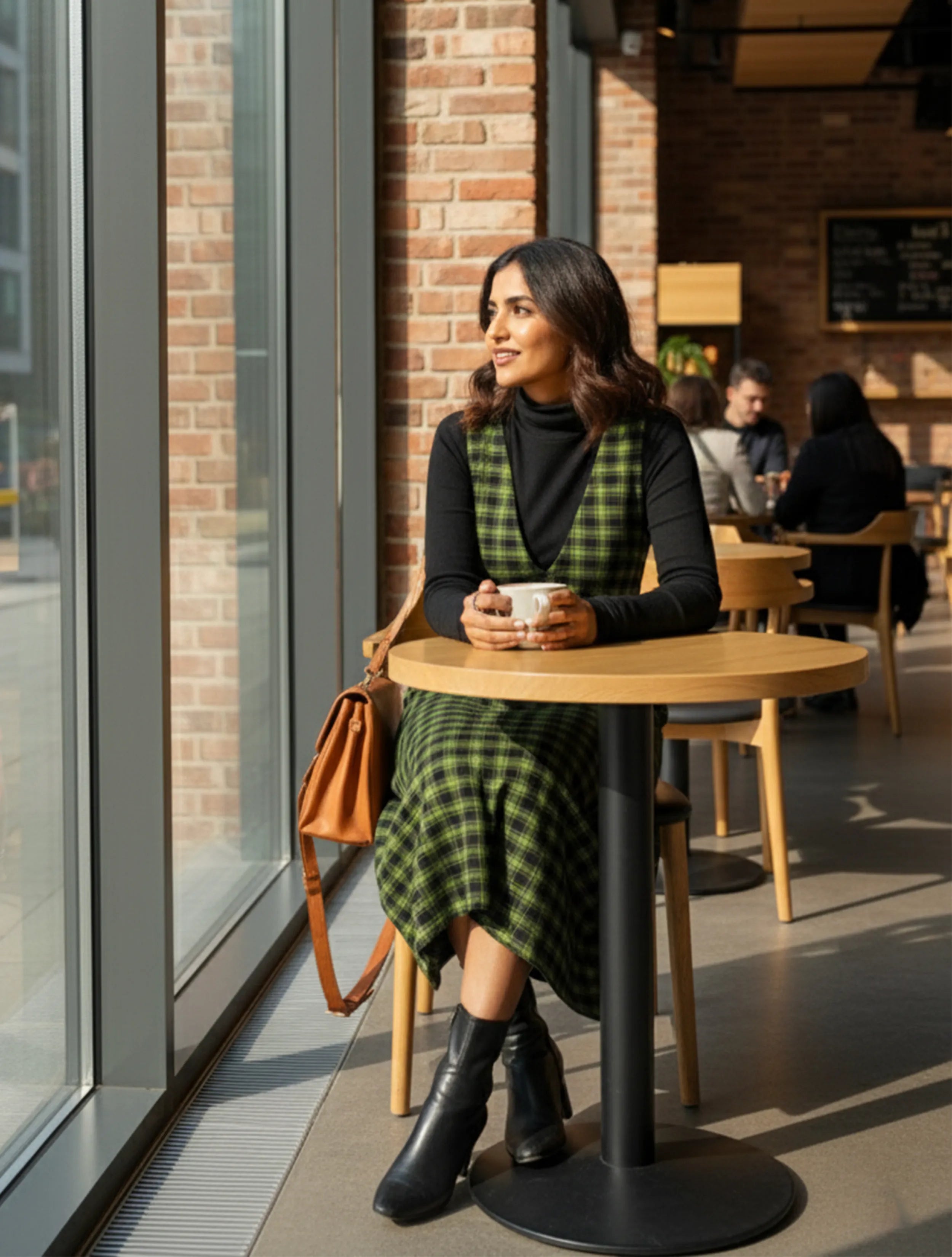 trueBrowns Green Black Sleeveless Check Woollen Dress