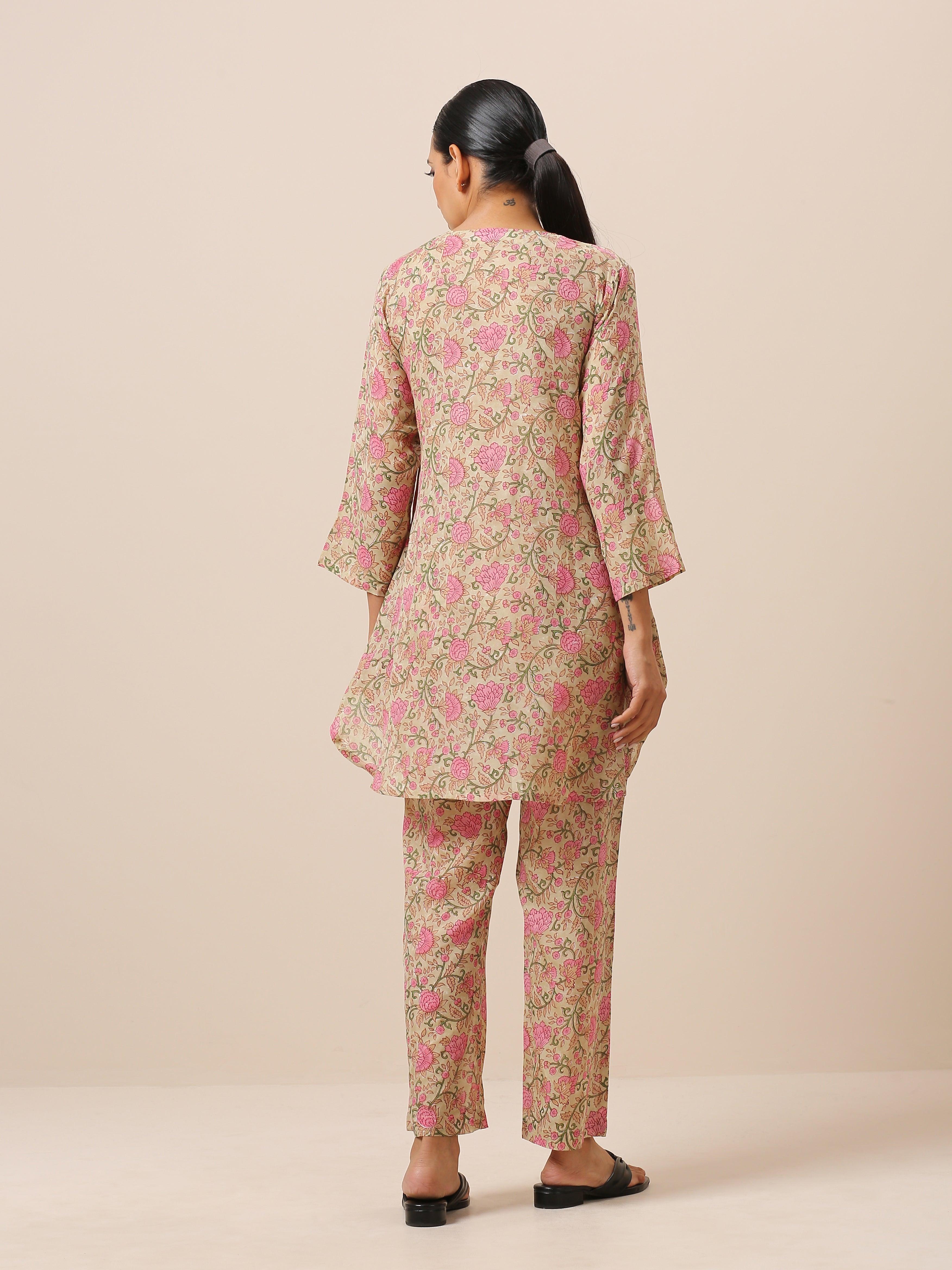 Cotton Hand Block Printed Green Pink Co-Ord Set - trueBrowns