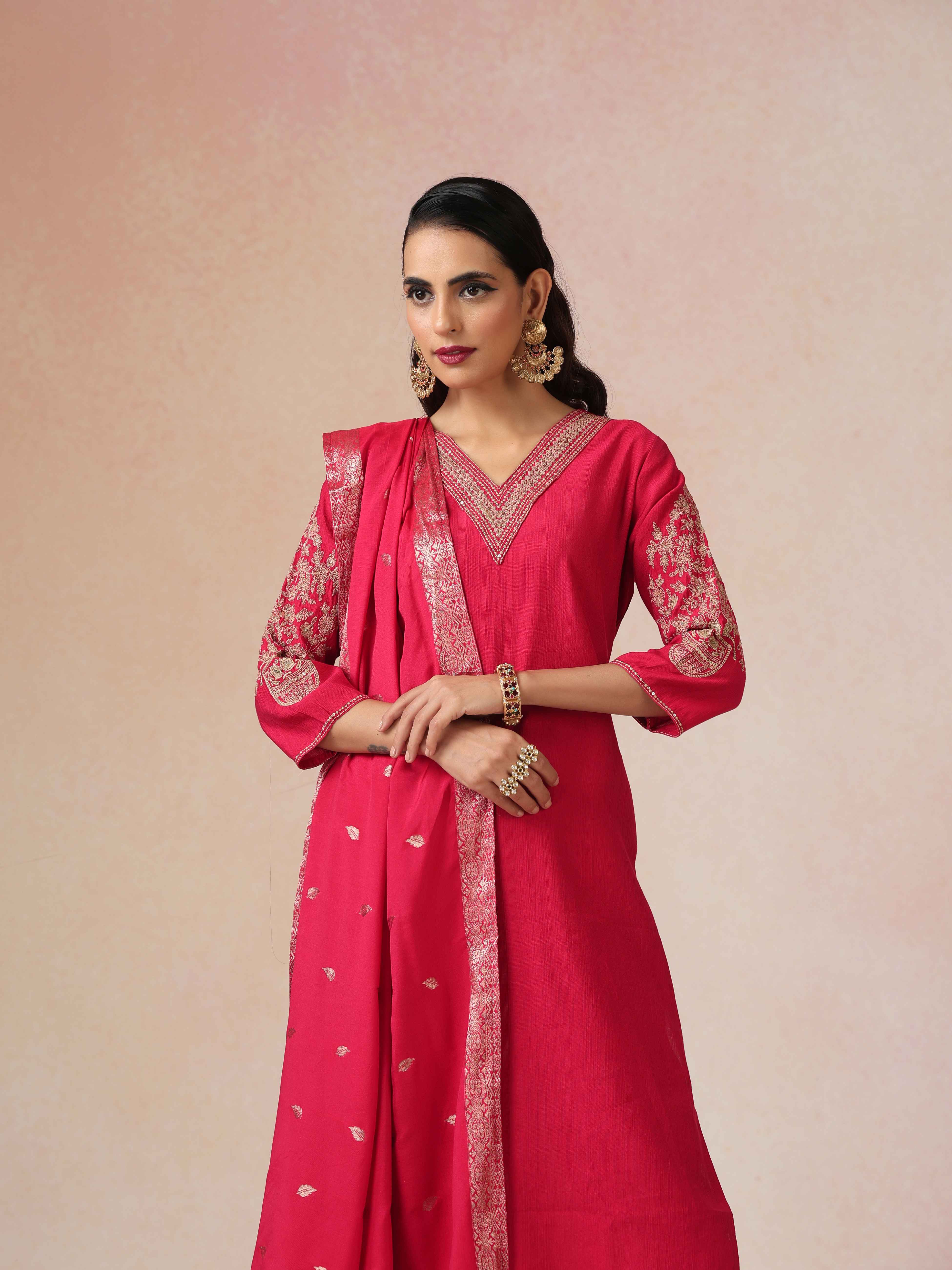 trueBrowns Red Embroidered Straight Kurta Pant Dupatta Set