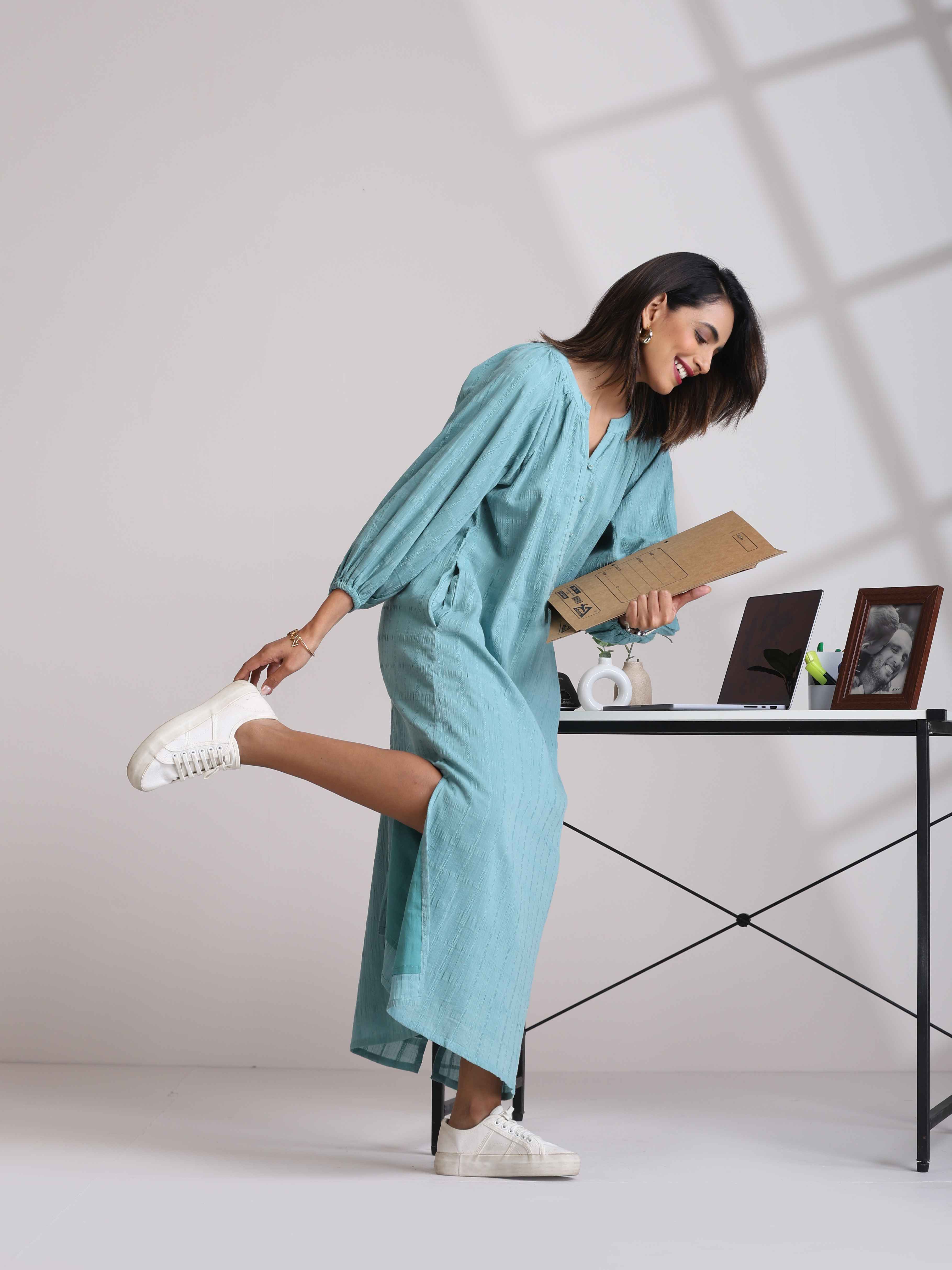 trueBrowns Aqua Blue Cotton Dobby Dress