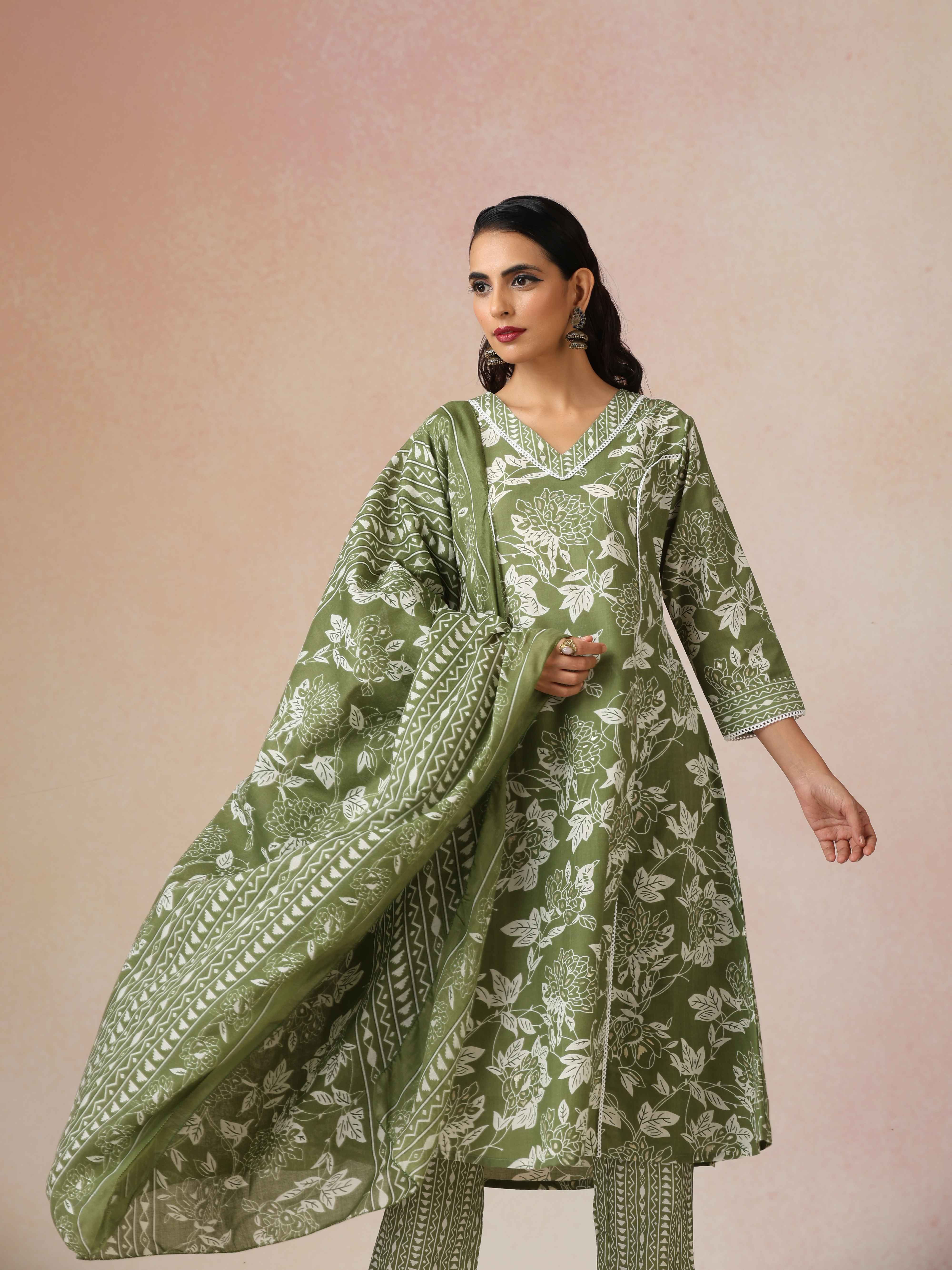 trueBrowns Green Cotton Print A Line Kurta 3pc Set